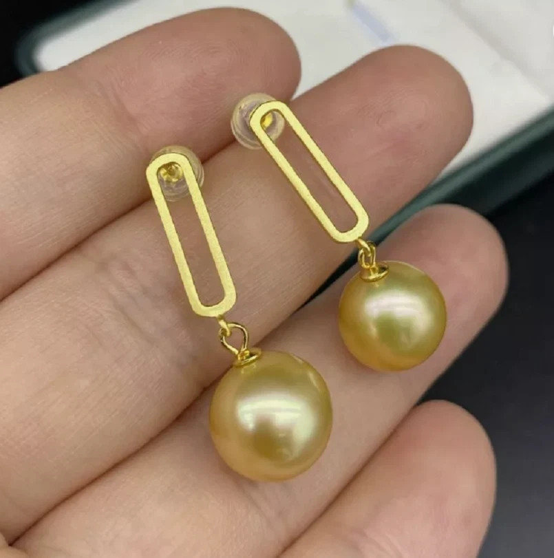 Beautiful AAA++11-12mm natural South Sea gold pearl earrings 14K