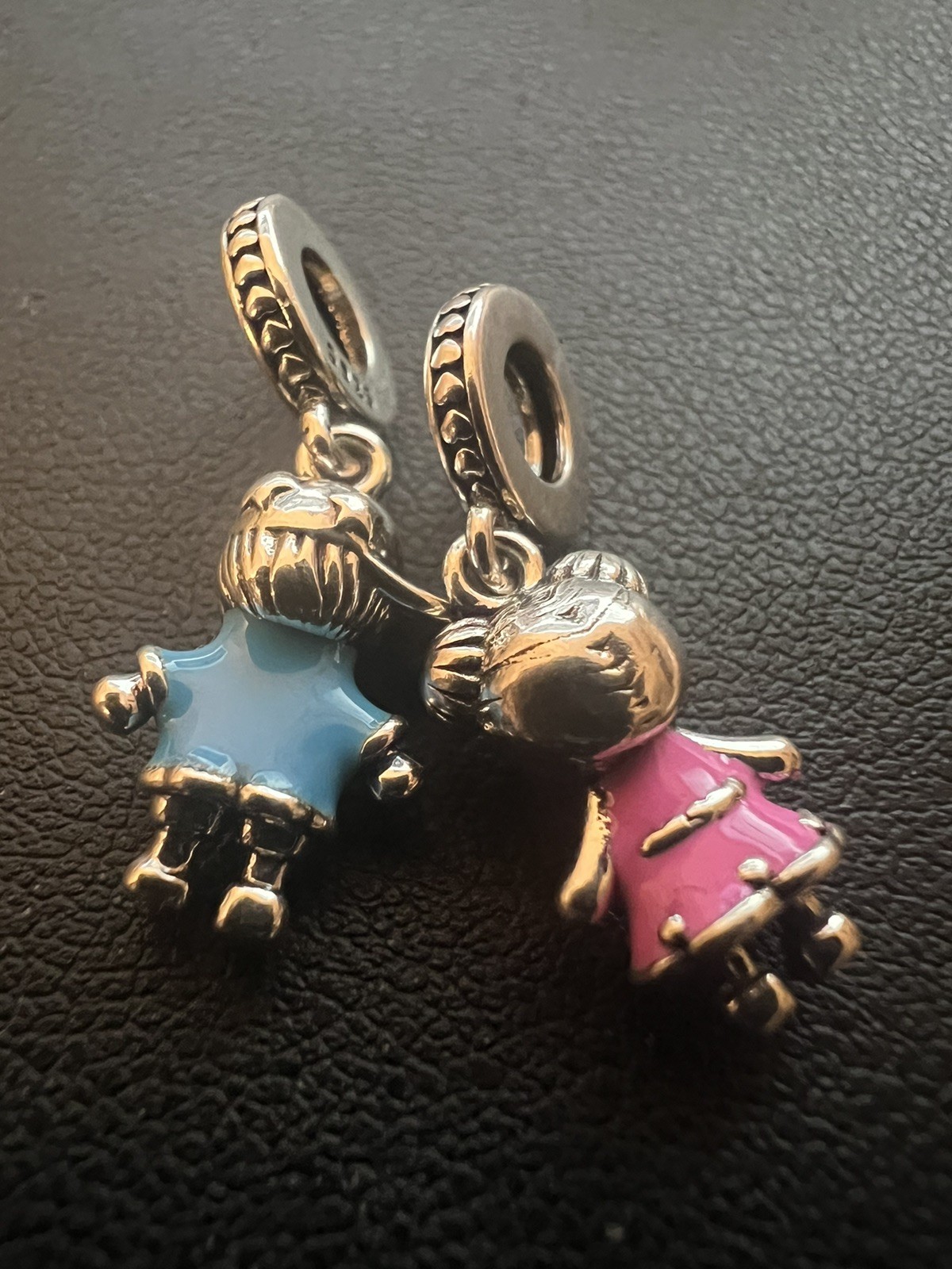 925 Sterling Silver Boy Blue Shirt & Girl Pink Dress Charm Set Enamel Pendant