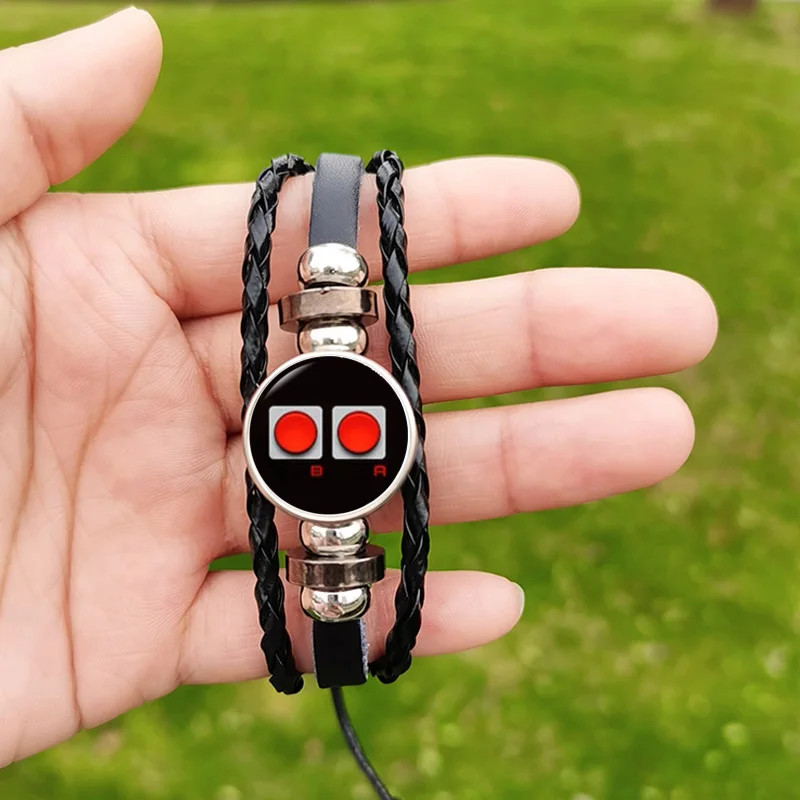 FIMAOHip Hop Video Game Controller Bracelet Leather Braided Glass Button
