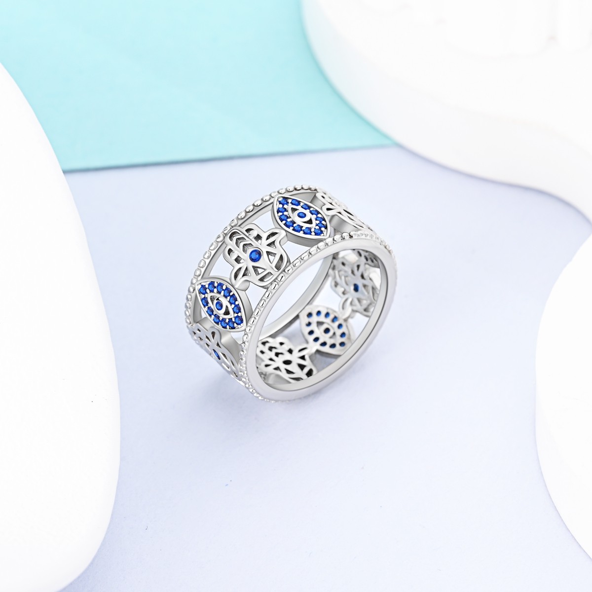 LAZA New 925 Sterling Silver Blue Eye Palms Heart Wide Finger Ring Women Jewelry