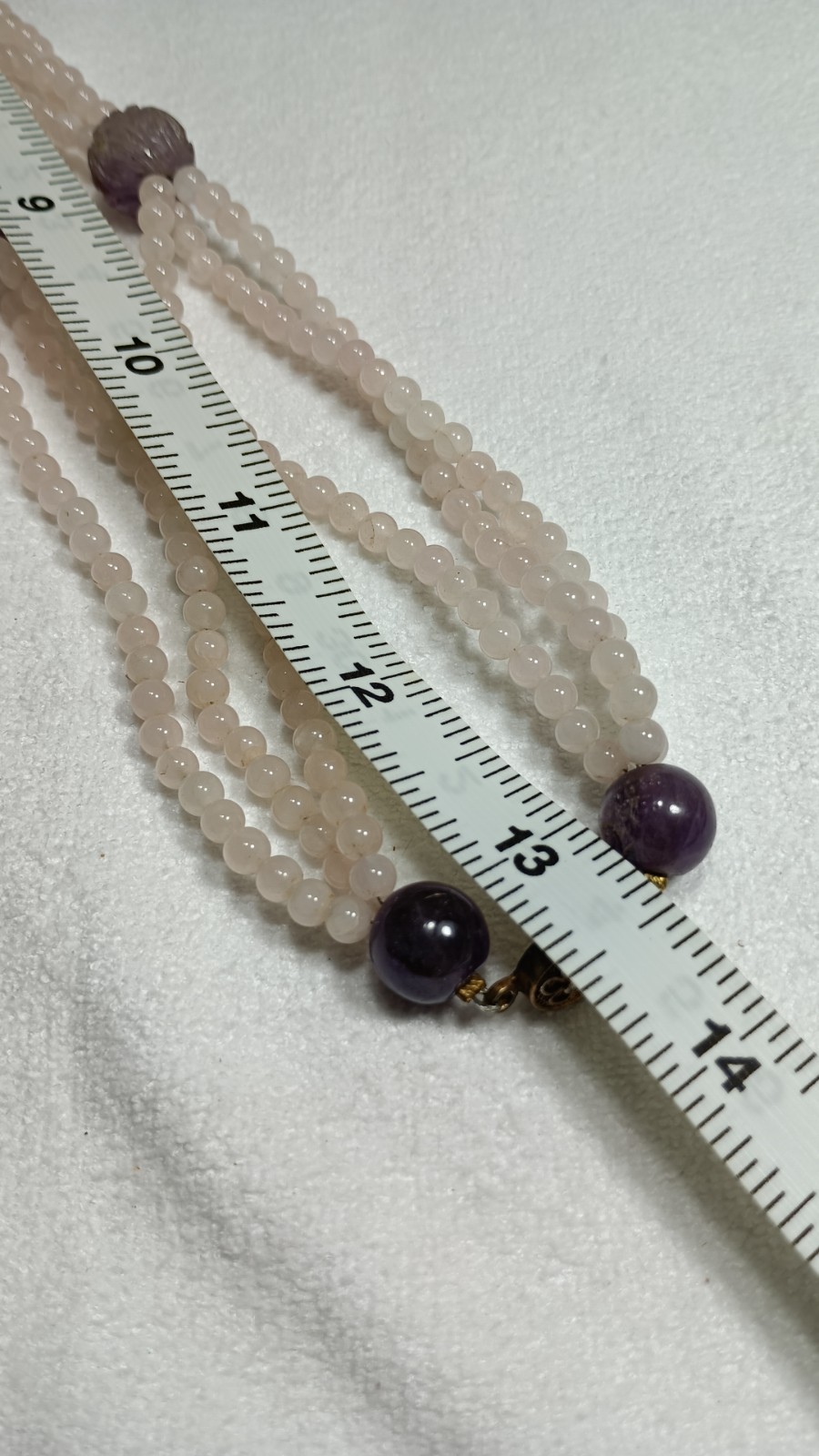 Vintage Chinese Rose Quartz Carved Amethyst Stone Beaded Necklace Silver Clasp