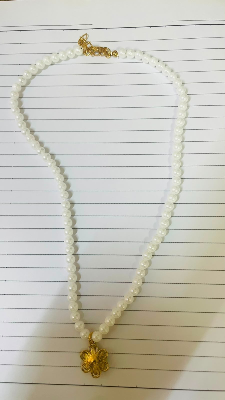 Faux Pearl Beaded Necklace Gold Tone Flower Pendant Vintage Jewelry Gift Women
