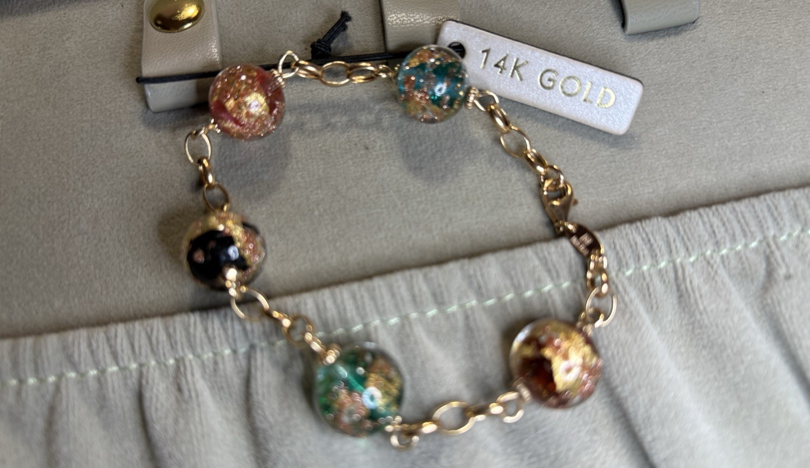 14k Yellow Gold Venetian Murano Glass Bead Link Bracelet 14.93G Sz6.5 Lot #43