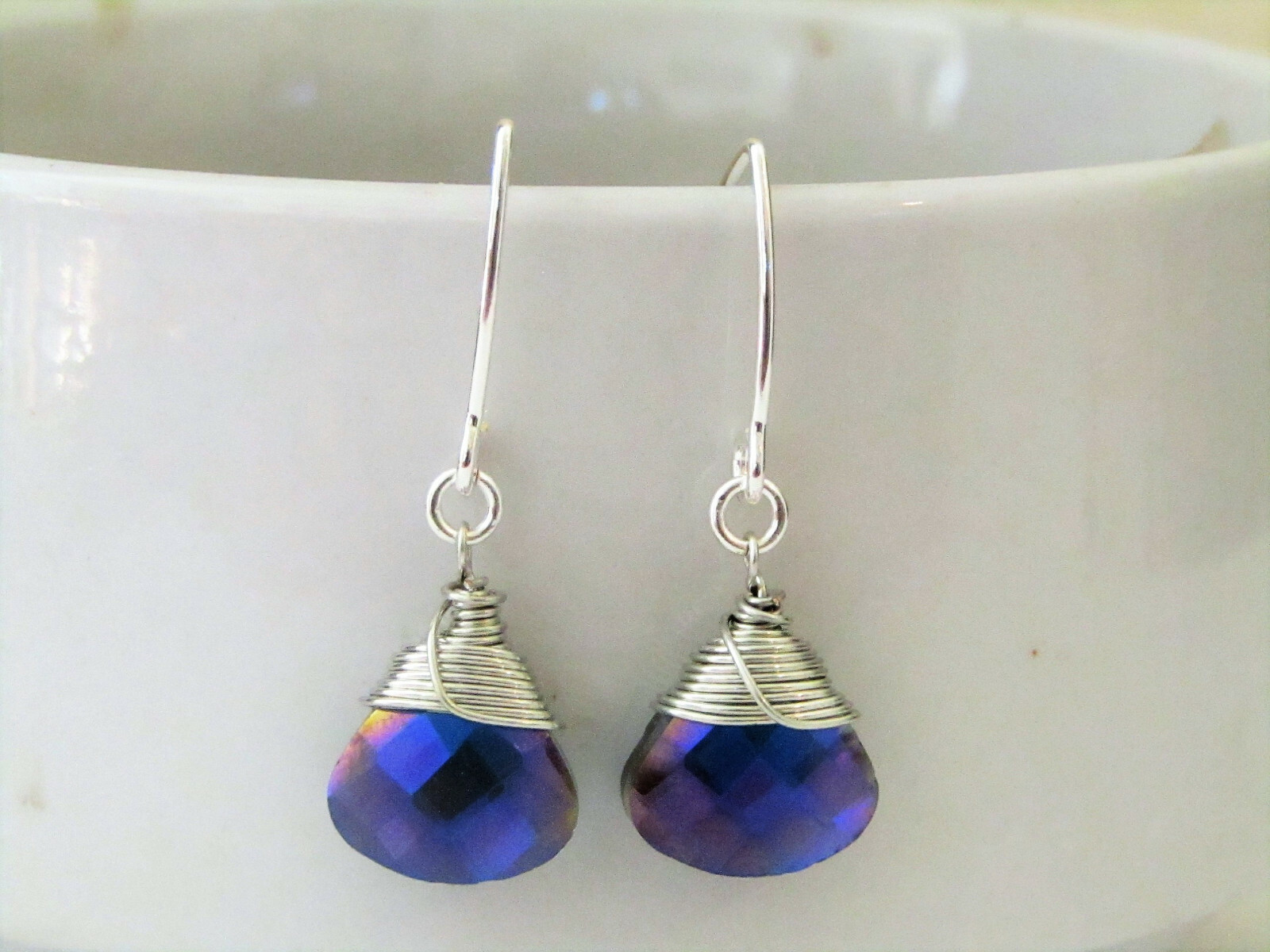 Metallic Blue AB Crystal Teardrop Silver MARQUISE Earrings USA HANDMADE