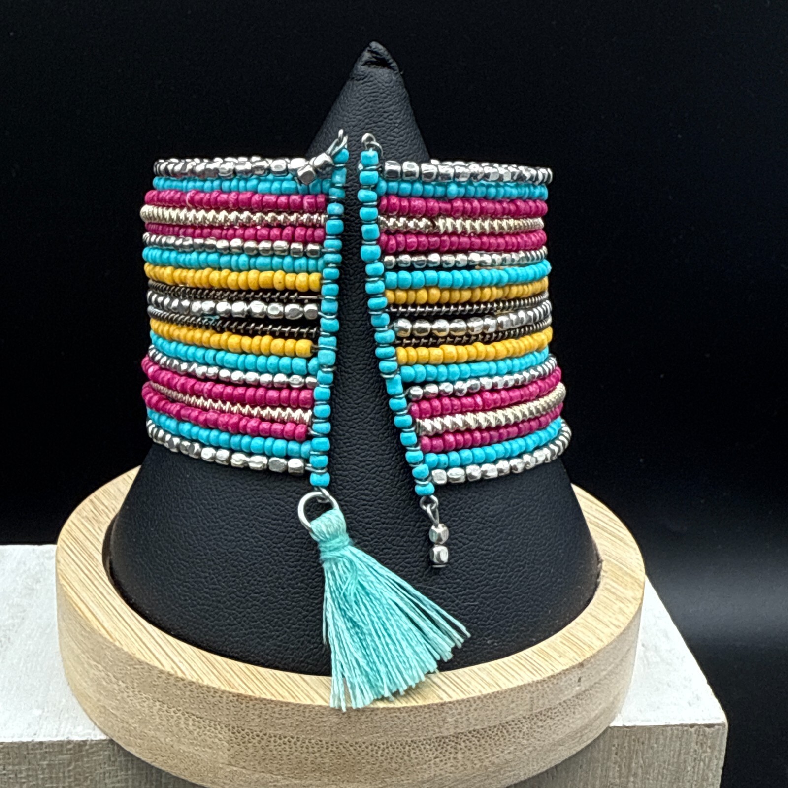 Handmade Bracelet 6.5″ Adjustable Aqua Red Yellow Seed Bead Woven Boho Wide Cuff