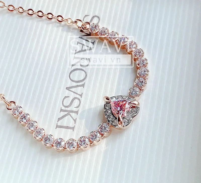 Women’s One Heart Bracelet, Rose Gold Plated, Pink Crystal