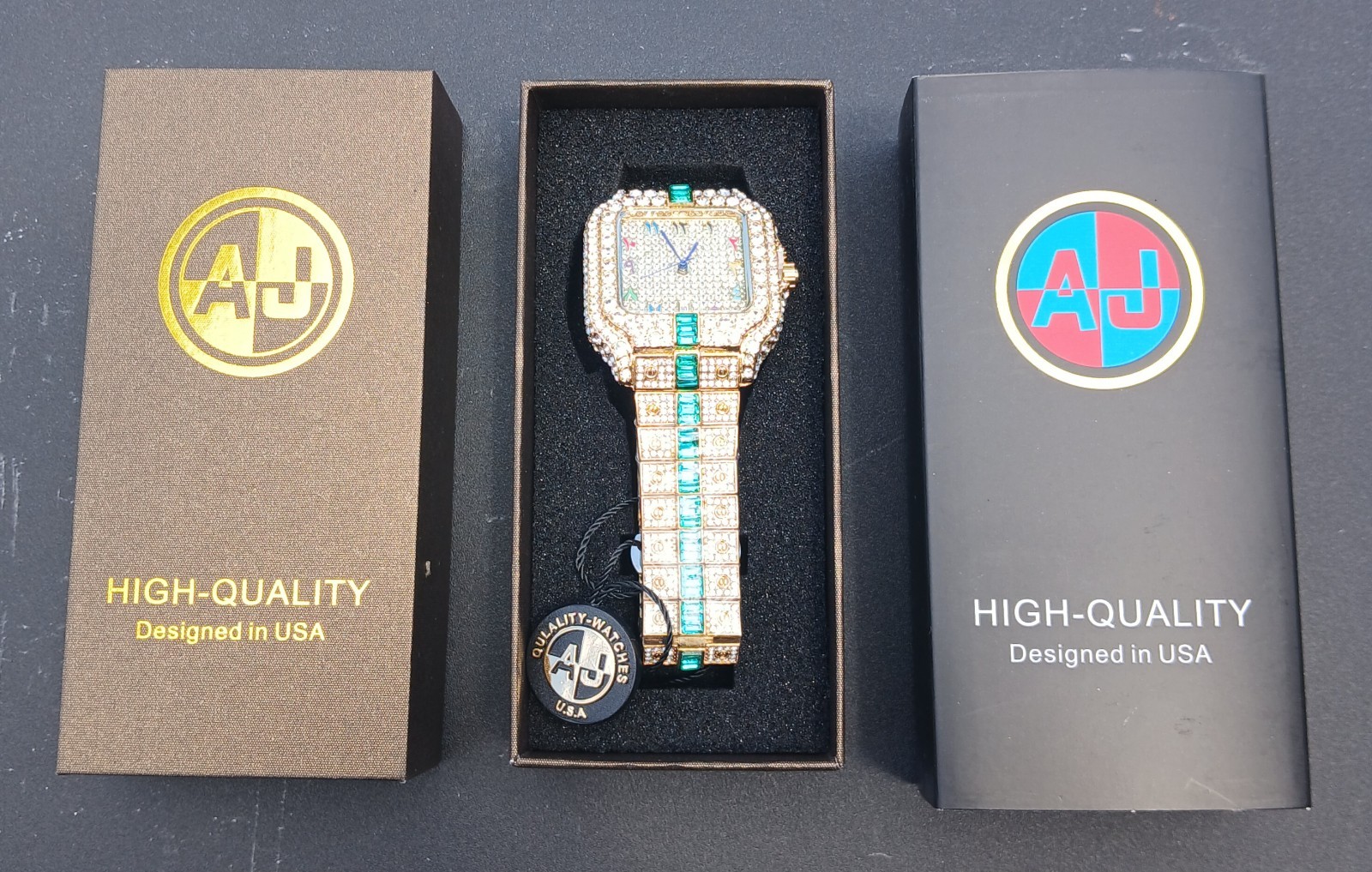 AJ ACCESSORIES 43MM ICED OUT GOLD WATCH WITH GREEN VVSCZ CRYSTALS ARABIC NUMBERS
