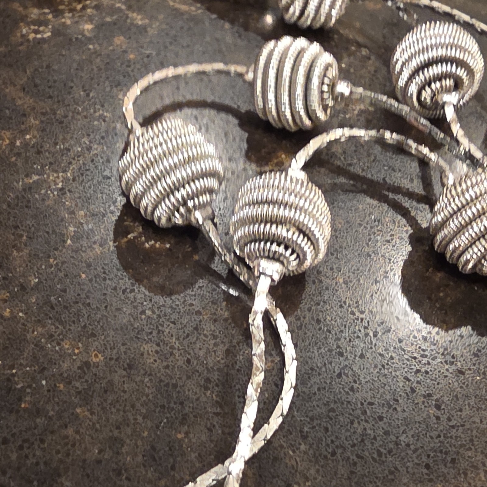 Trifari T M Signed Silver Tone Coiled Wire Bead Long Necklace