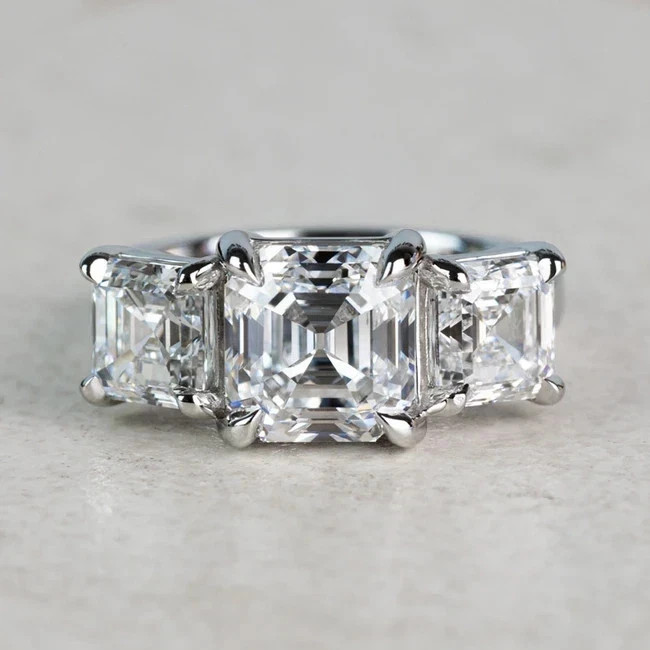 4.00Ct Asscher F-VS1 Lab Grown Diamond Three Stone Wedding Ring 14K White Gold