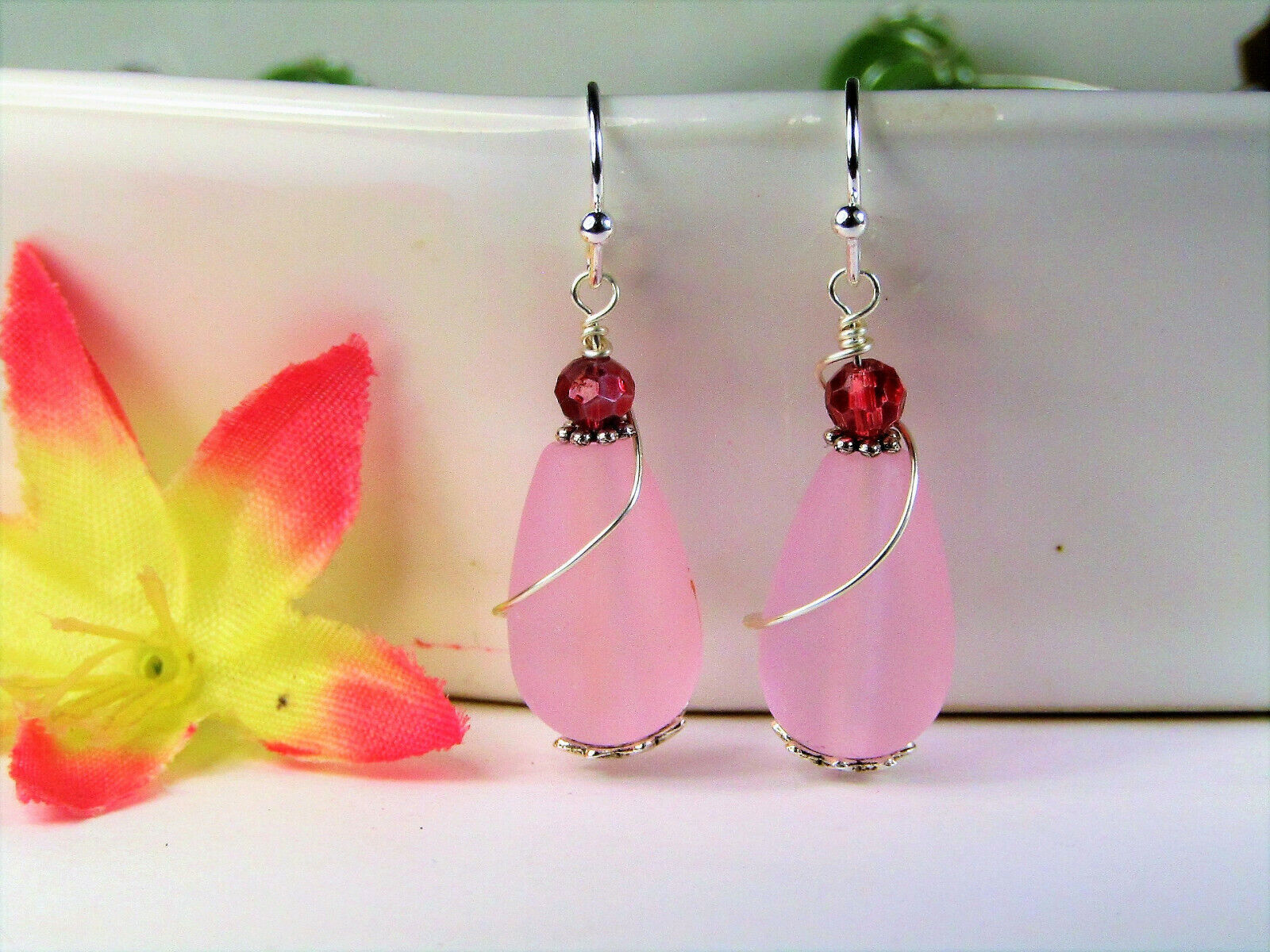 Teardrop-Shaped Frosted Sea Glass Silver Swirl Wire Ladies Dangle Earrings
