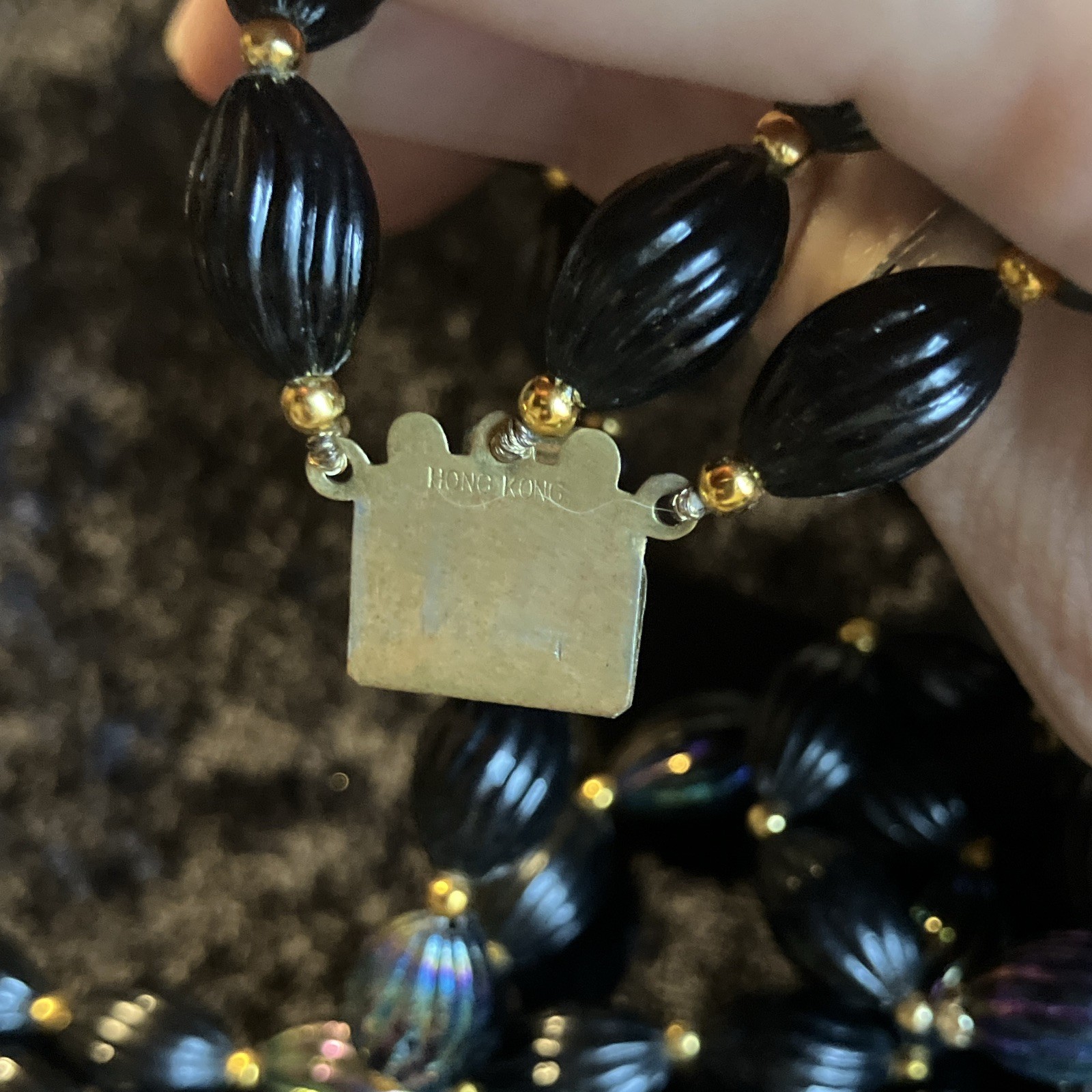 Vintage Multi-Strand Black Iridescent Beaded Necklace Gold Tone Beads Box Clasp