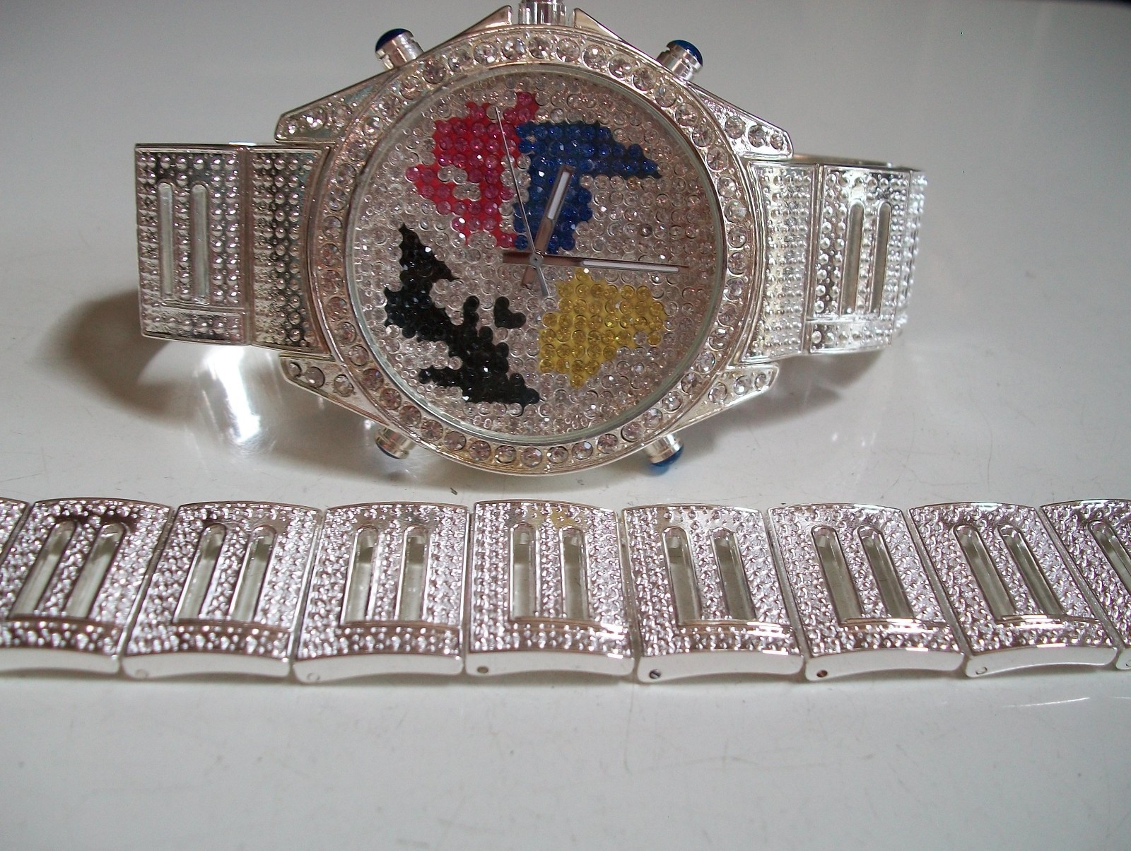 Men silver finish world map dial bling fashion casual watch & bracelet set