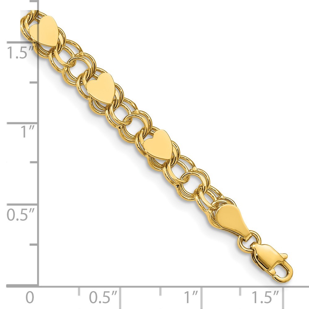 14k Yellow Gold 6mm Solid Double Link with Hearts Charm Bracelet 8″