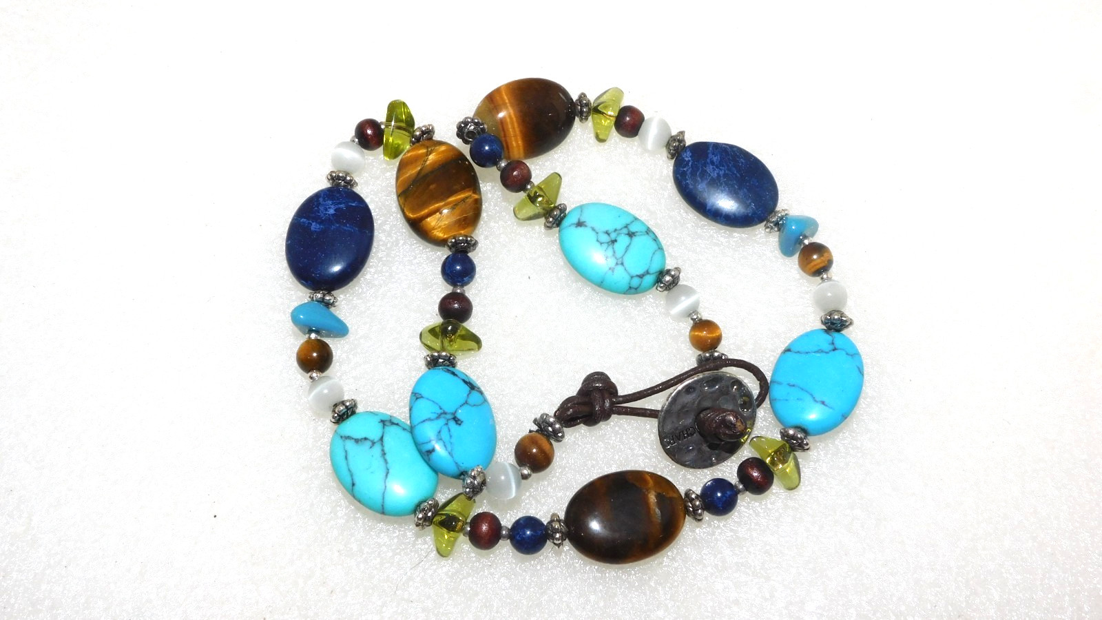 17″ TURQUOISE TIGER EYE STONE & COLORED GLASS BEAD CHOKER BUTTON CLASP NECKLACE