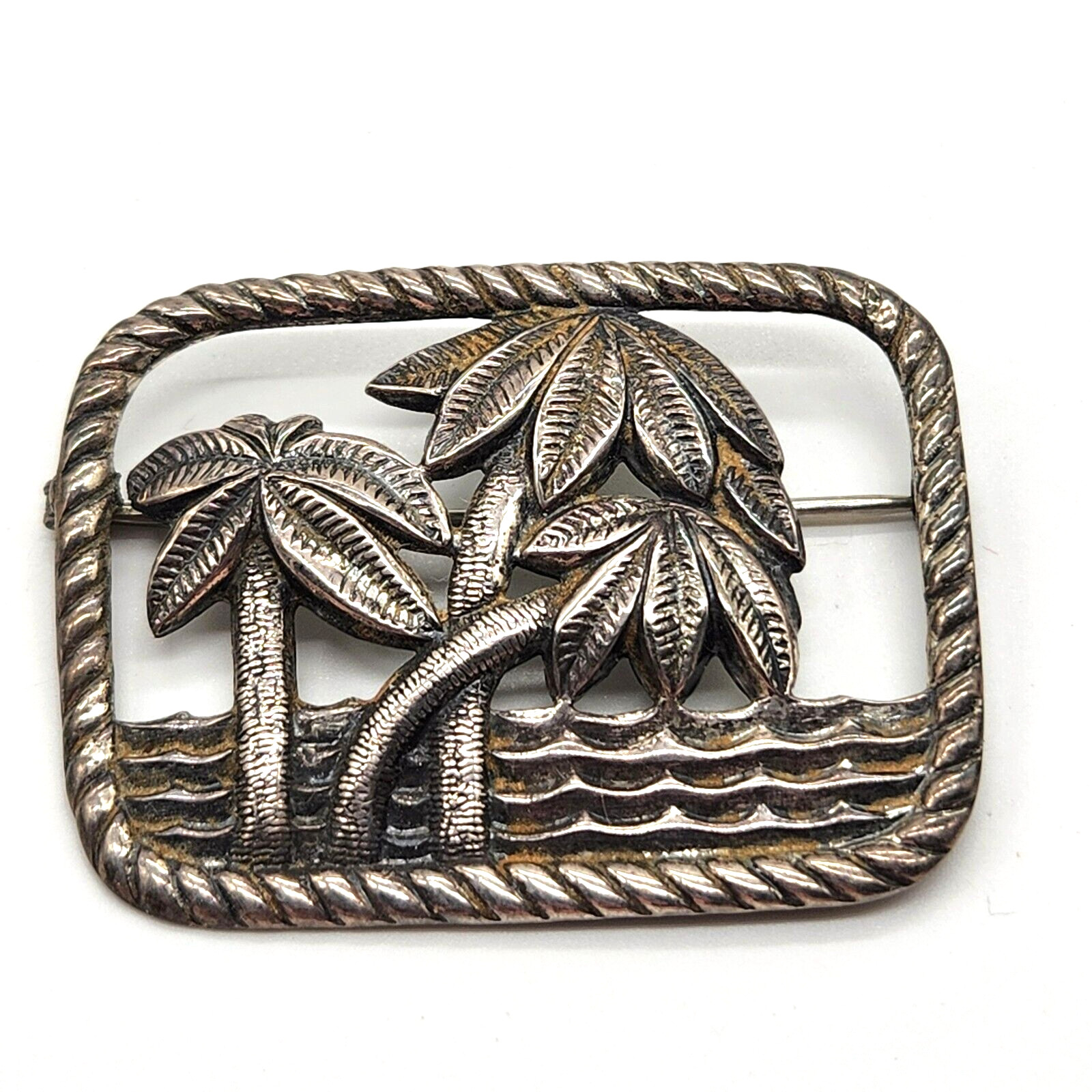 Danecraft 1940s Sterling Brooch – Three Palm Trees Seascape, Signed, 2″