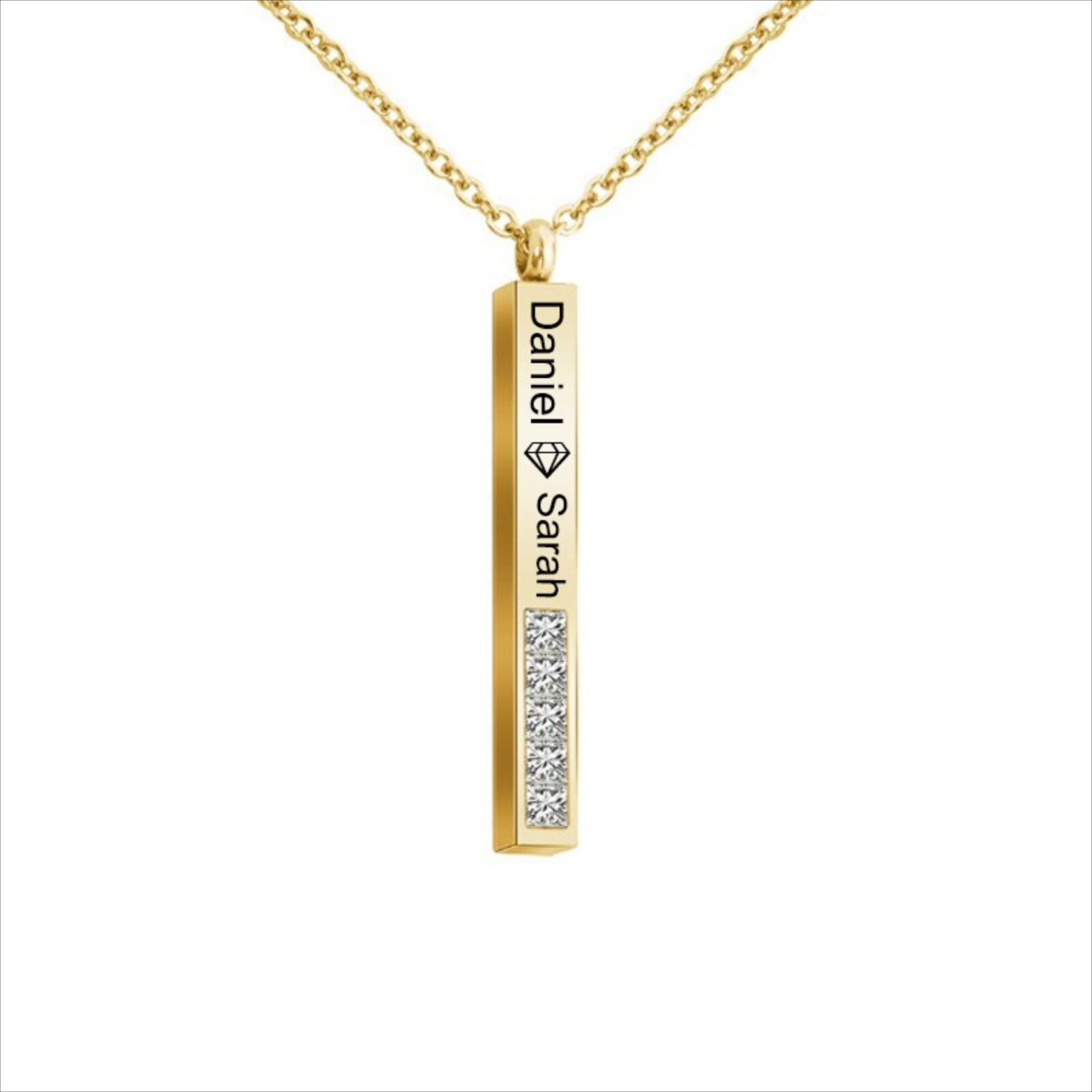 Personalized Vertical Crystal Bar Necklace, Custom Engraved 3D Name Necklace