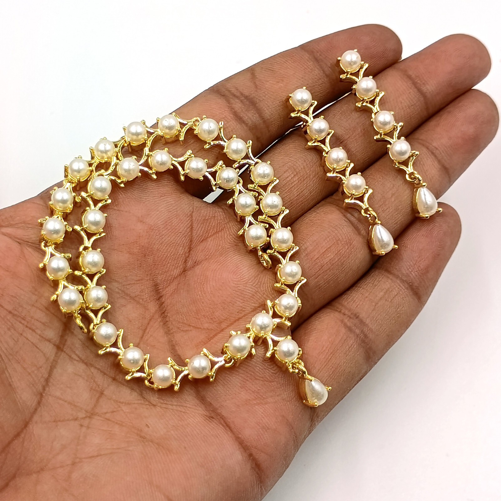 22k Gold Plated Pearl Round Stone Statement Necklace Set Wedding Jewelry Women’s