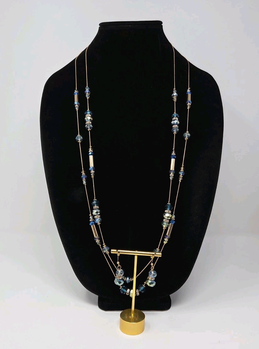 Gold Tone Iridescent Gray & Teal Crystal Long Station Necklace & Earrings Set
