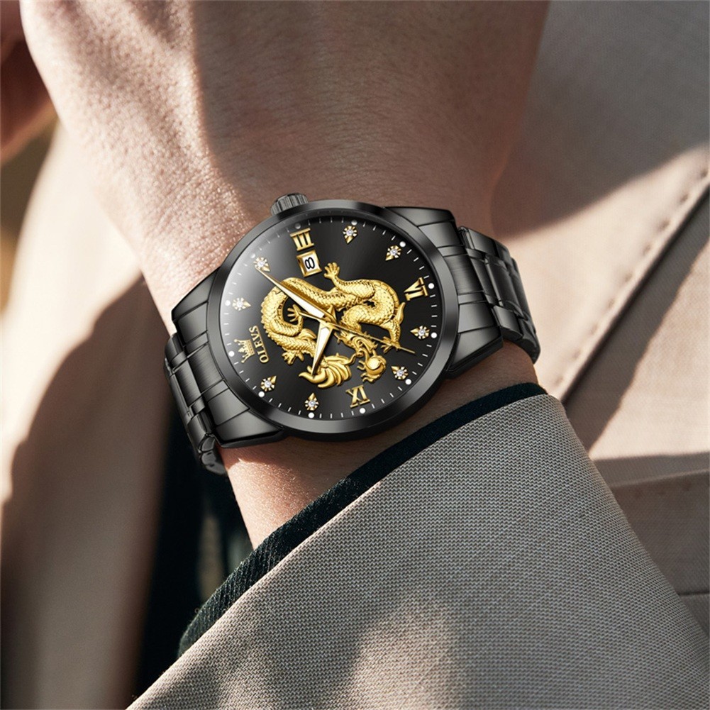 OLEVS 3D Dragon Japan Movement Luxury Classics Men Gift Quartz Wristwatch 3619