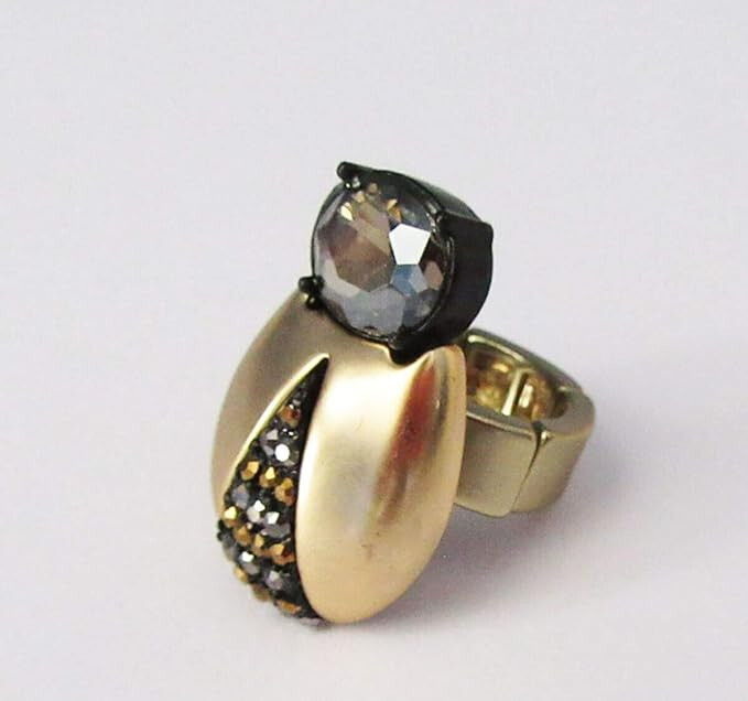 Chico’s Gold Stretch Ring Smoky Crystal Statement Adjustable Fits Size 7-9