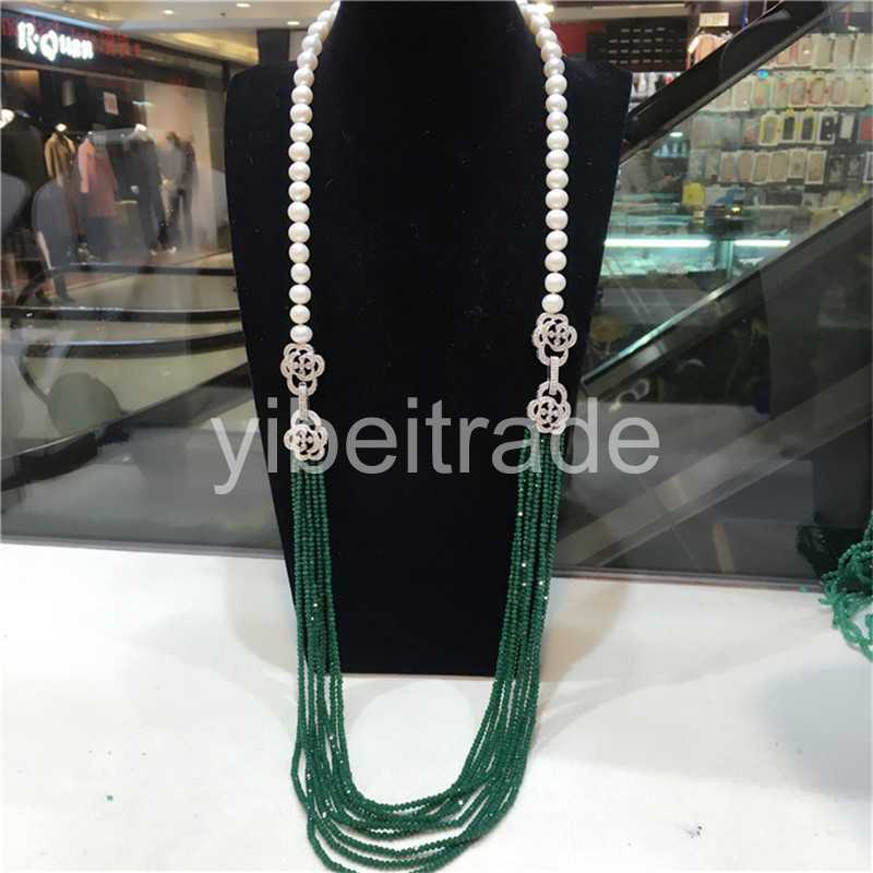 hot sell double use 9 -10 mm white freshwater pearl green jade beads necklace