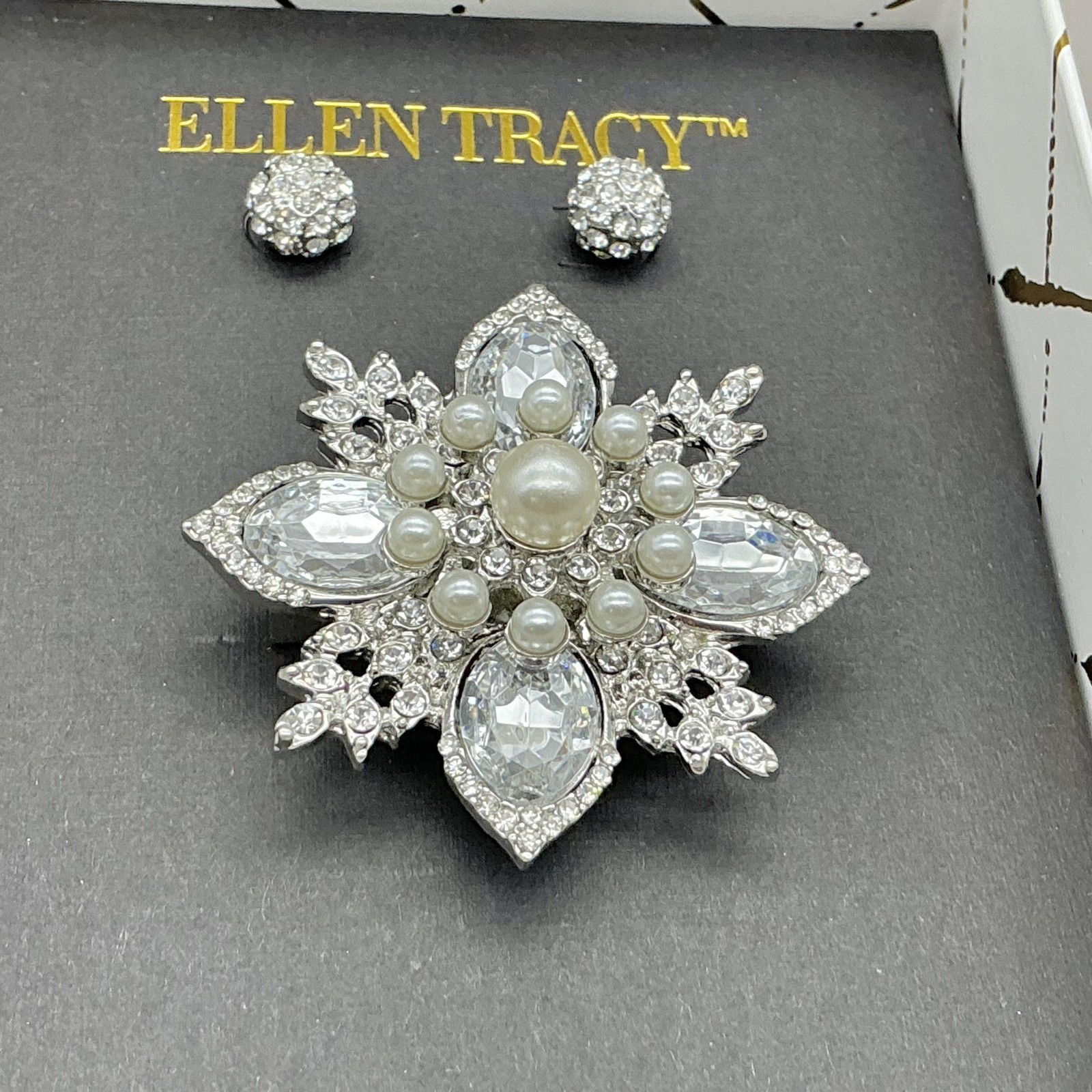 Ellen Tracy Brooch Earrings Set Silver Tone White Pearl Rhinestone Gift Boxed