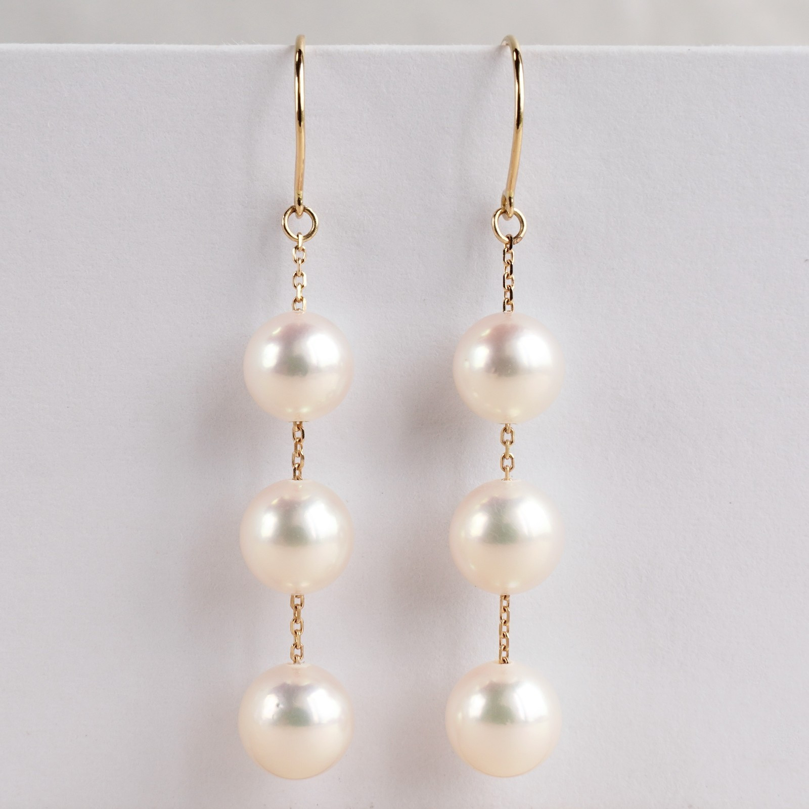 AAA 6.5-6.9MM White Japanese Akoya Pearl Long Earrings 18Kt Yellow Gold, 1.7″