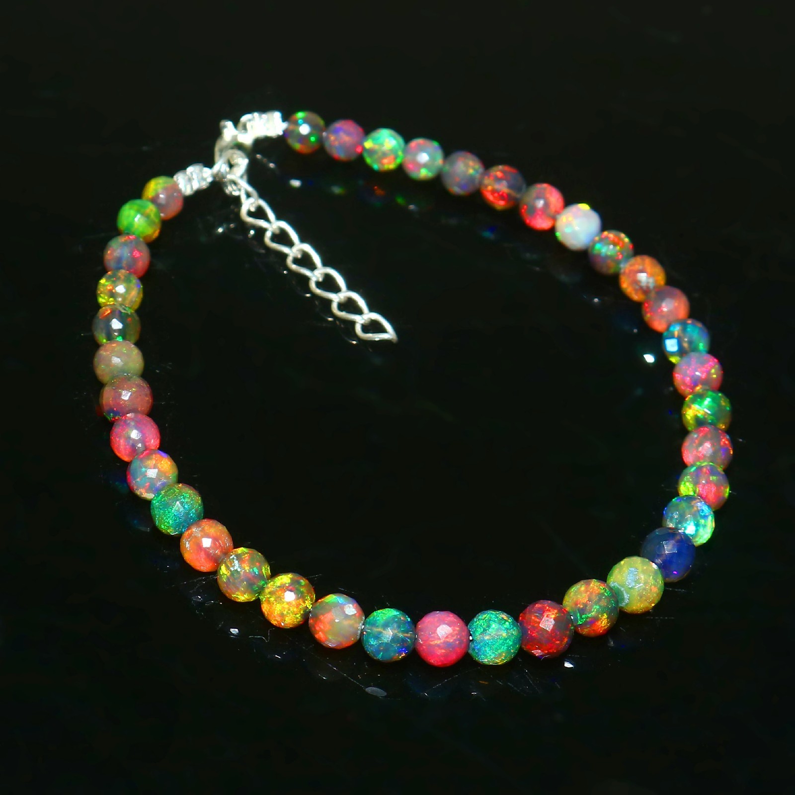 Ethiopian Fire Opal Faceted Round Beads Necklace Play of Color Gemstone 18″ 1345