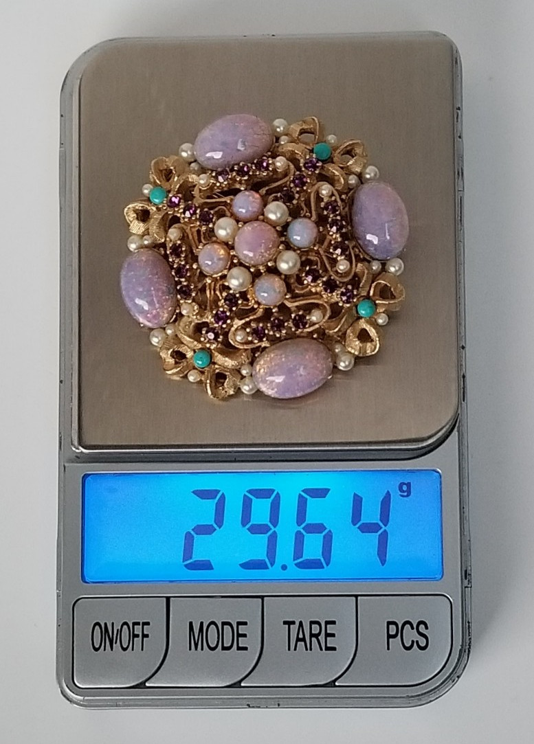 Vintage R. MANDLE Faux Opal, Pearl & Turquoise Rhinestone Gold Tone Pin Brooch