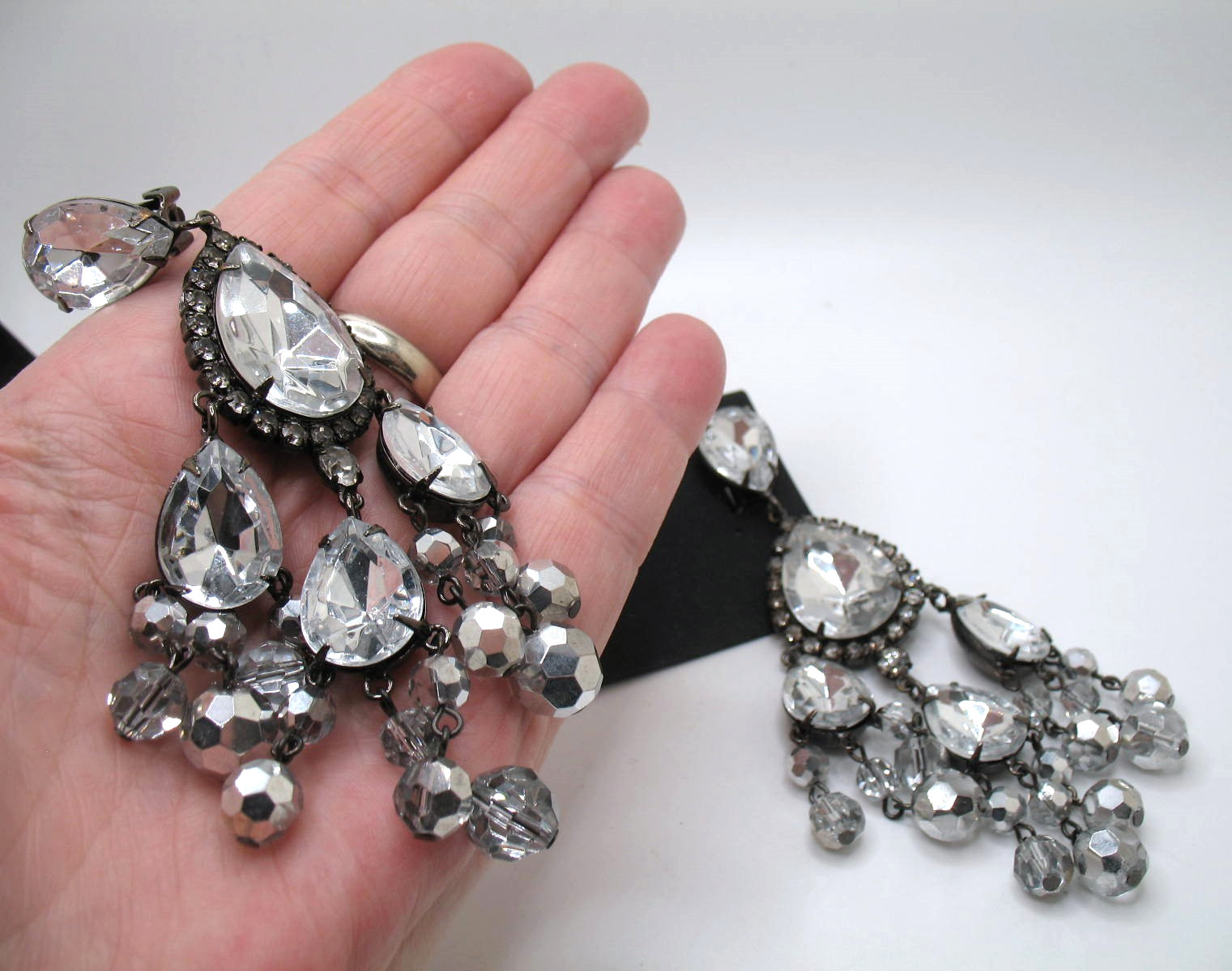 Vintage RJ Graziano clip statement chandelier rhinestone & crystal bead earrings