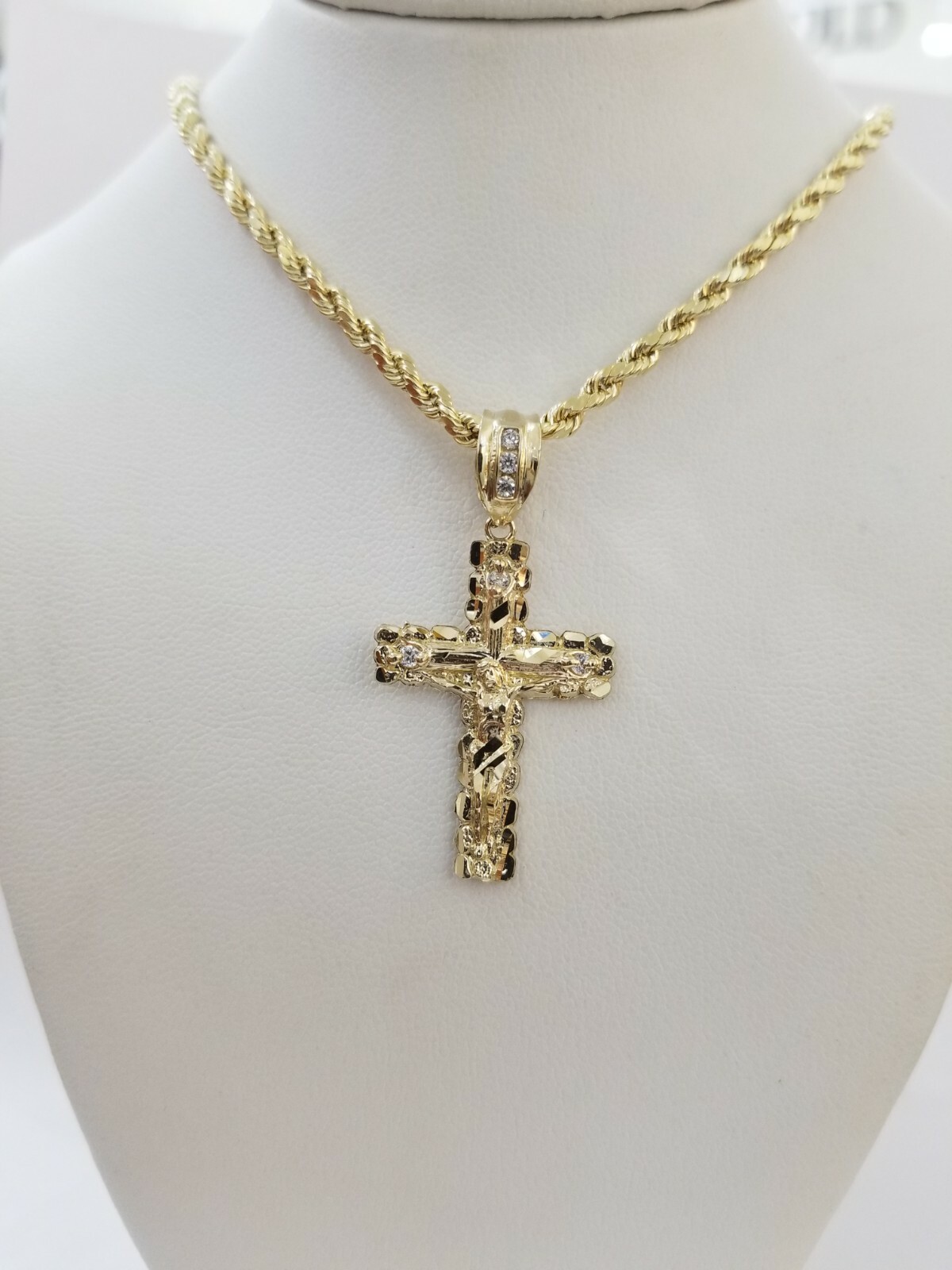 REAL 10k Rope Chain And Cross Charm Pendant 3mm Necklace Jesus Cross Set 16″-28″