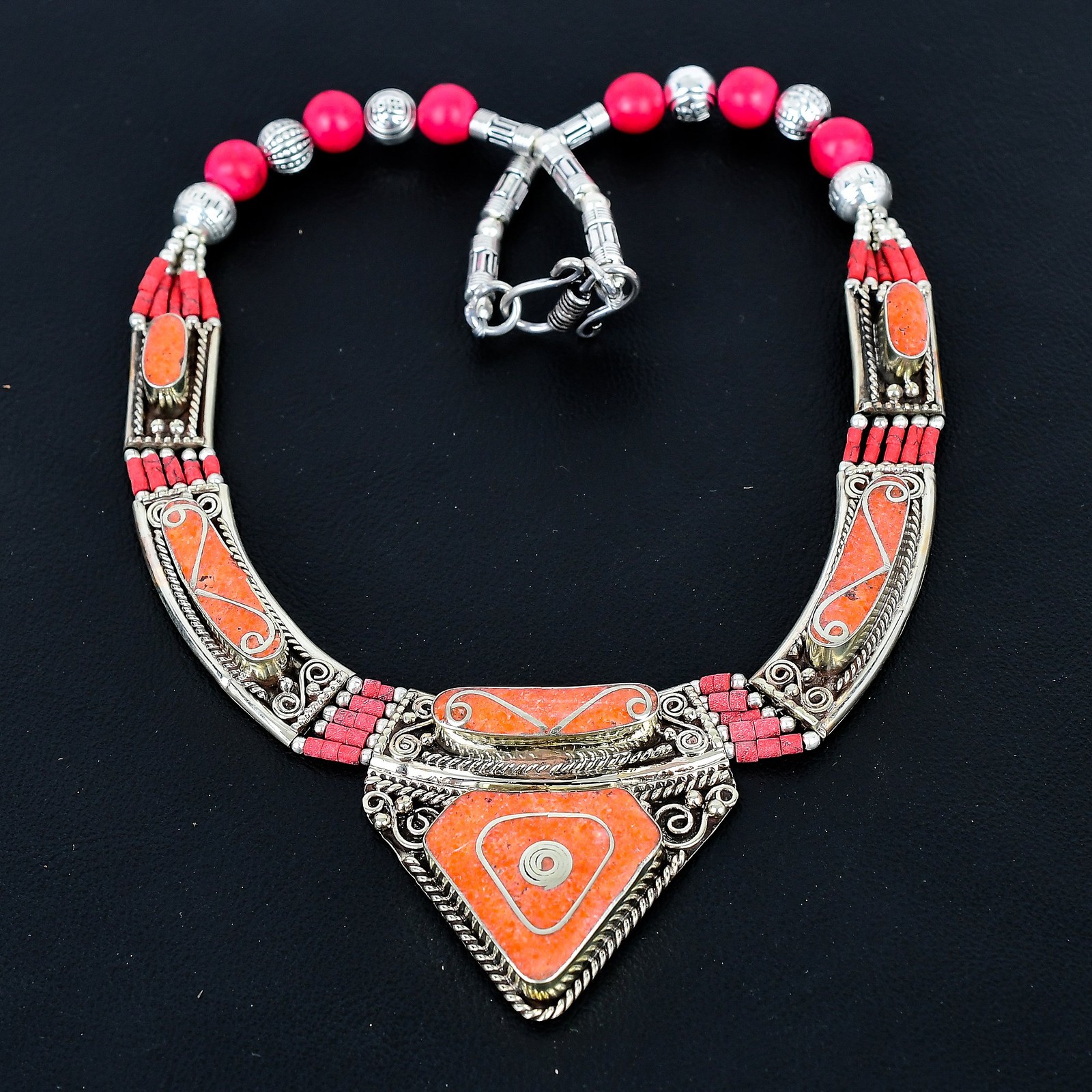 Red Coral 925 Sterling Silver Tibetan Handmade Amazing Nepali Necklace 18″ PG134