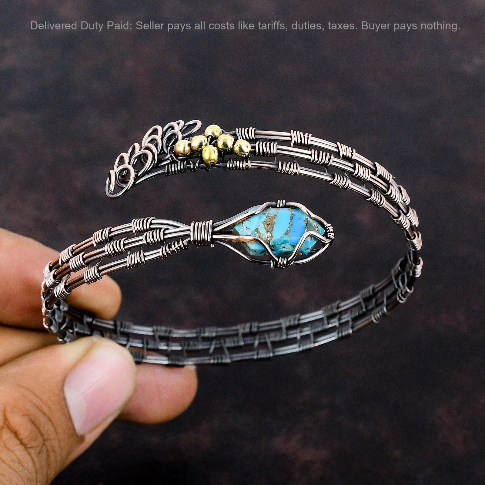 Hexagon Natural Copper Blue Turquoise Sister Wire Wrapped Elegant Bangle Copper