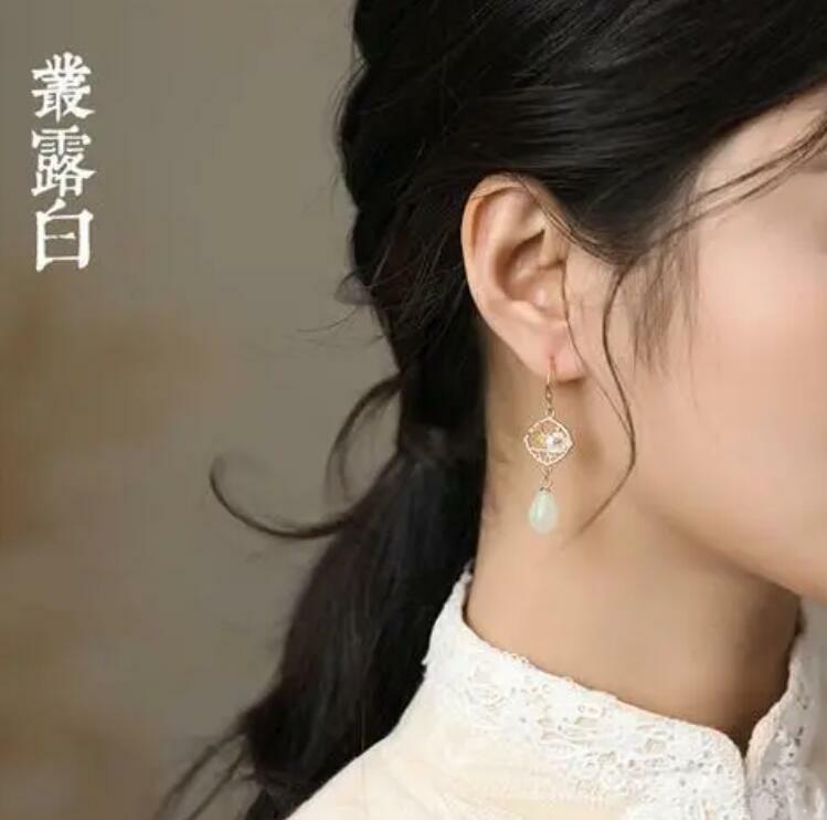Natural Hetian Jade Retro Hollow Earrings White Jade Retro Long Earrings Jewelry