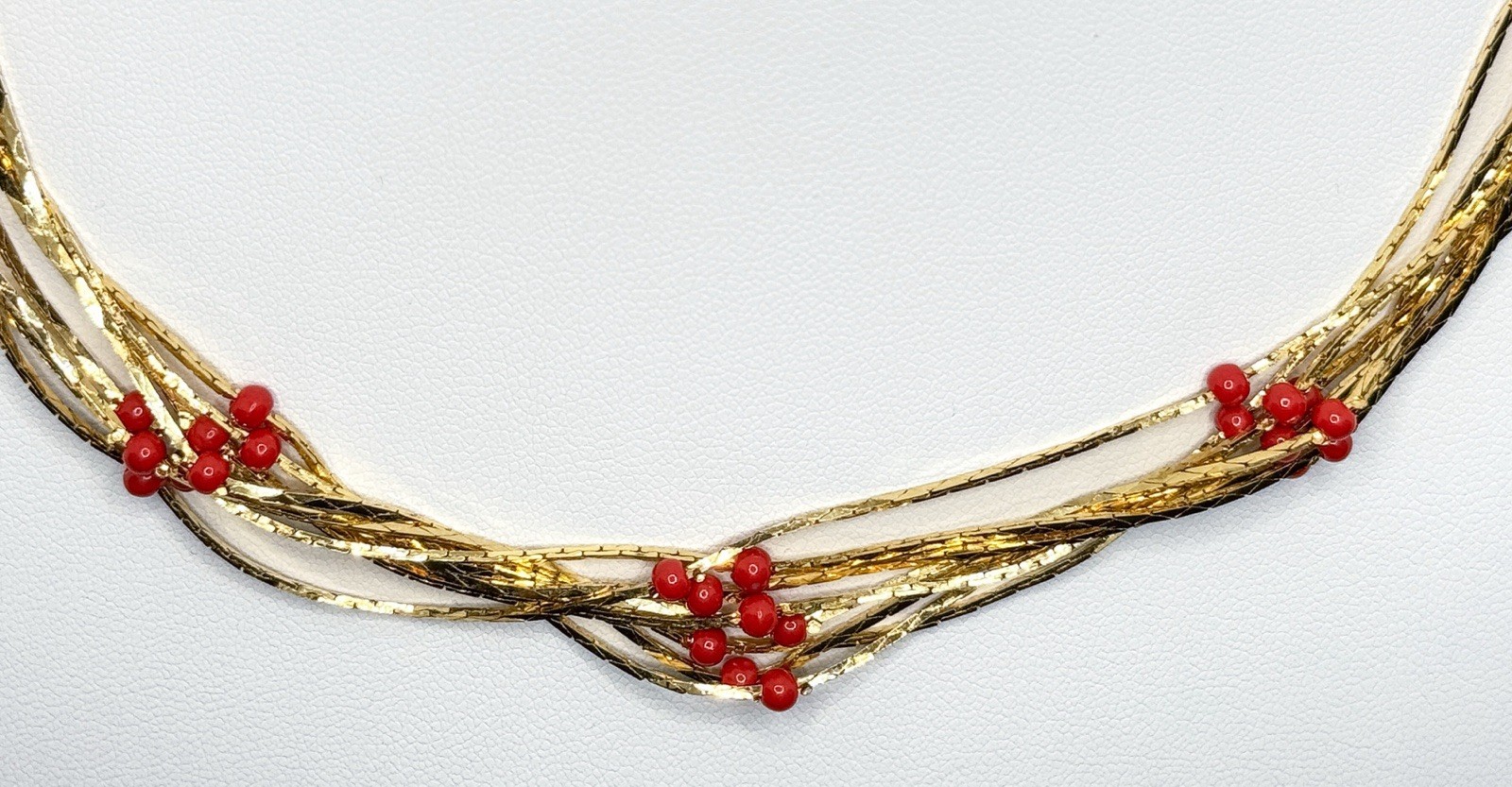 Bold 7 Strand Gold Tone Necklace w Tiny Red Beads. Liquid Gold Style Retro