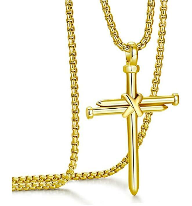 Stainless Steel Nail Cross Pendant Necklace For Men Gift 24 Inch Box Chain Gold
