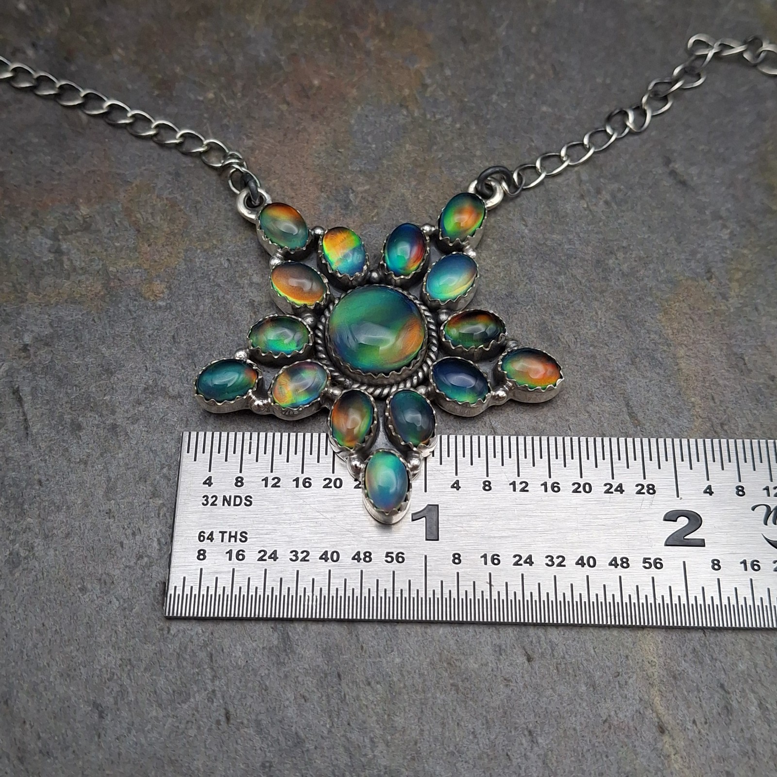 Aurora Opal Starburst Cluster Necklace 18-20″ Sterling Silver Southwestern