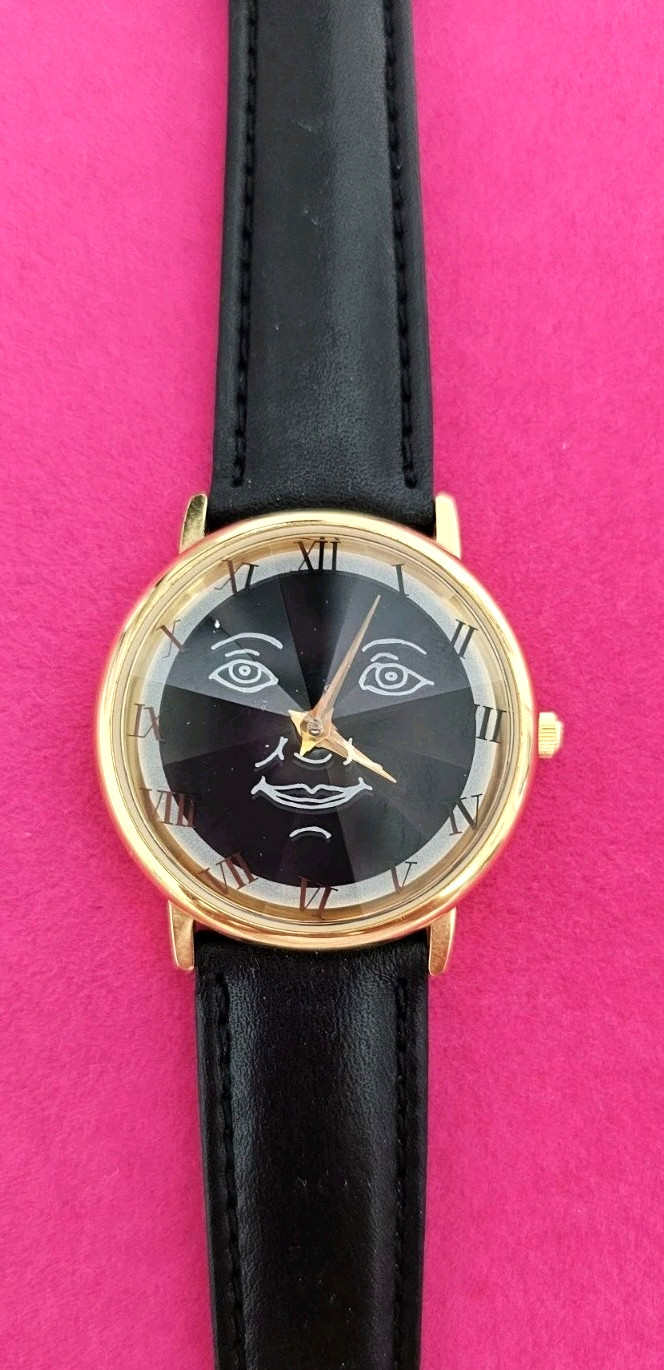 FAO Schwarz Fossil Watch Unixex Gold Black Leather Quartz 1003 Prism Face