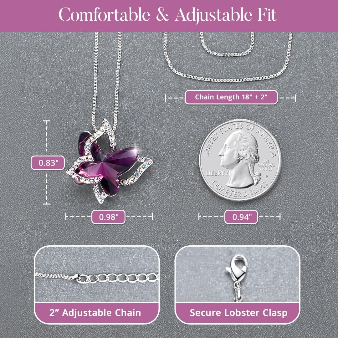 Elegant Butterfly Birthstone Crystal Necklace for Women – Silver Tone Pendant Je