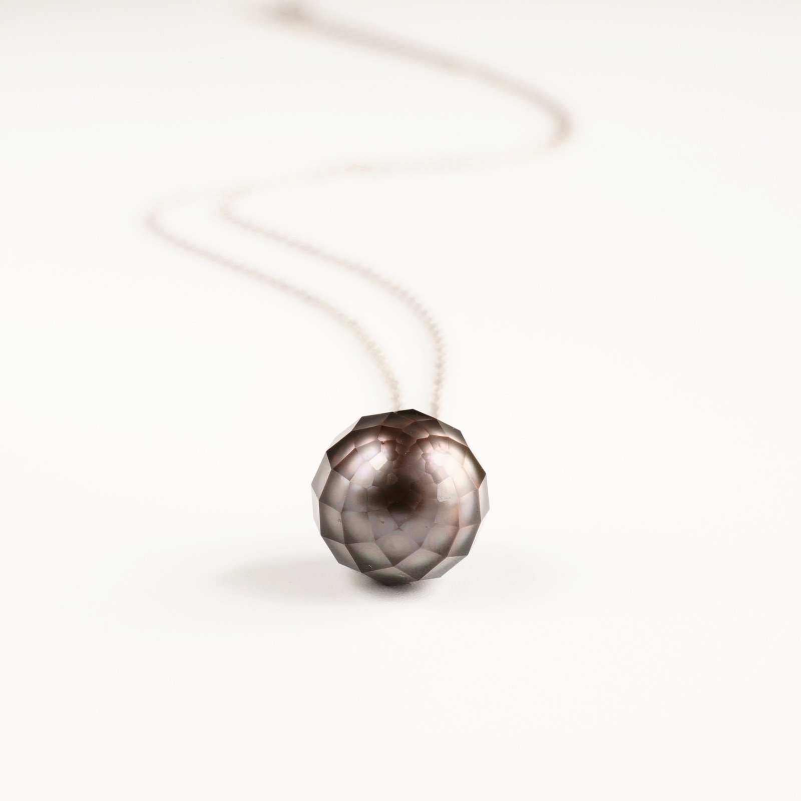 High Luster,Faceted 10.3mm Black Round Tahitian Pearl Pendant,18K White Gold