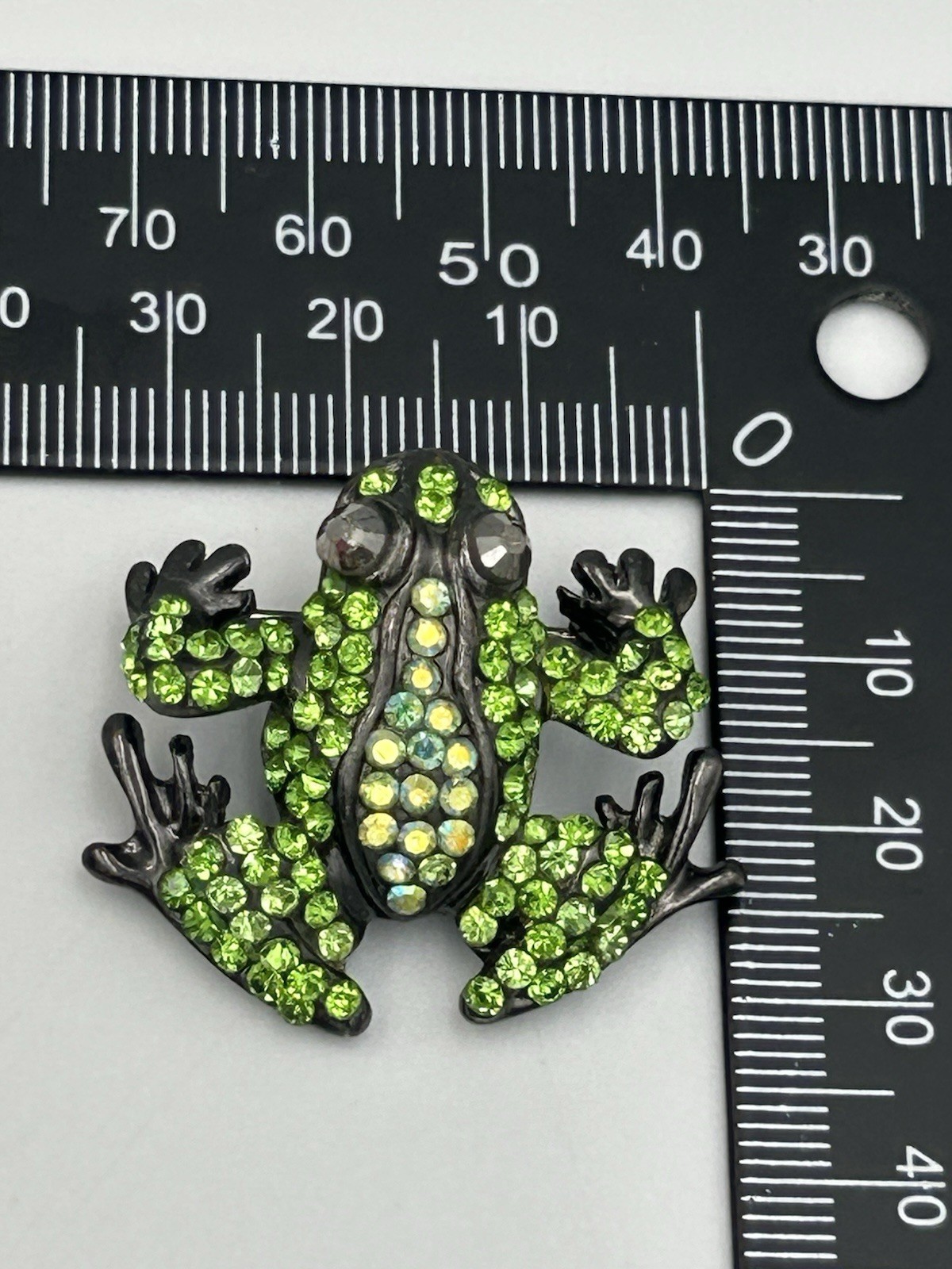 Whimsical Green Crystal Frog Brooch Pin Gun Metal Finish Diamante AB Rhinestone
