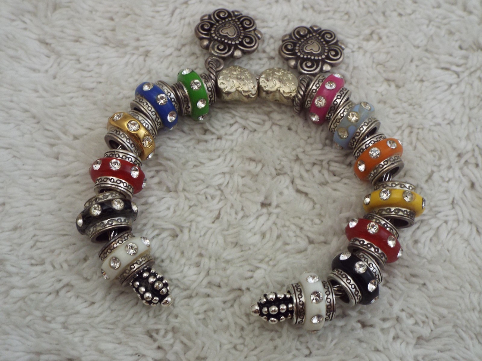 Silvertone Rhinestone Colorful European Bead Charm Cuff Bracelet