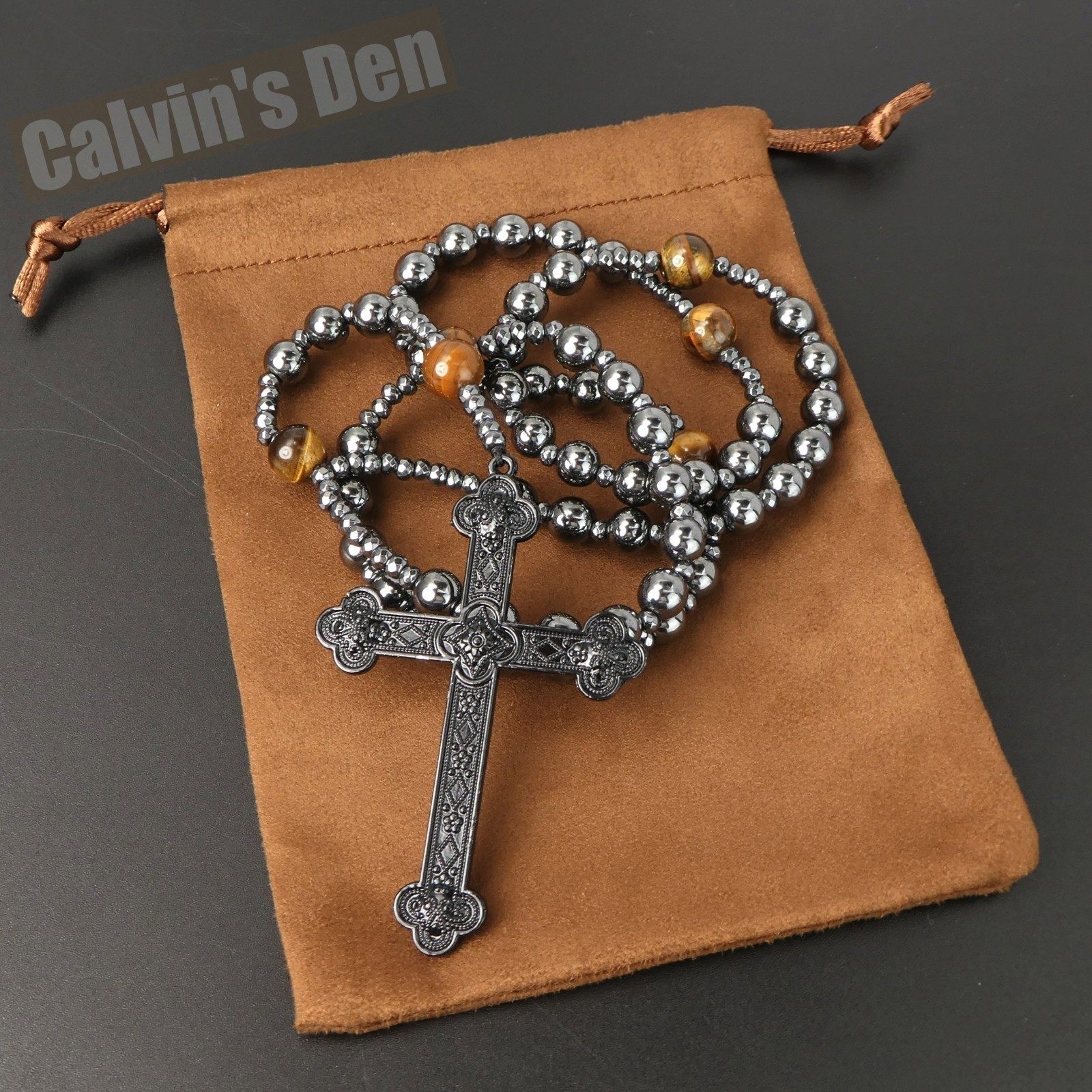 Gothic Punk Cross Pendant Hematite Tiger Eye Beads Rosary Necklace Men Gift