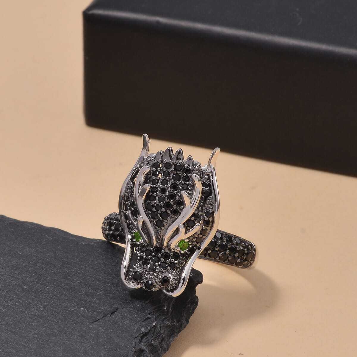1.20ctw Black Spinel & Chrome Diopside Dragon Head Ring Rhodium Plated Size 7