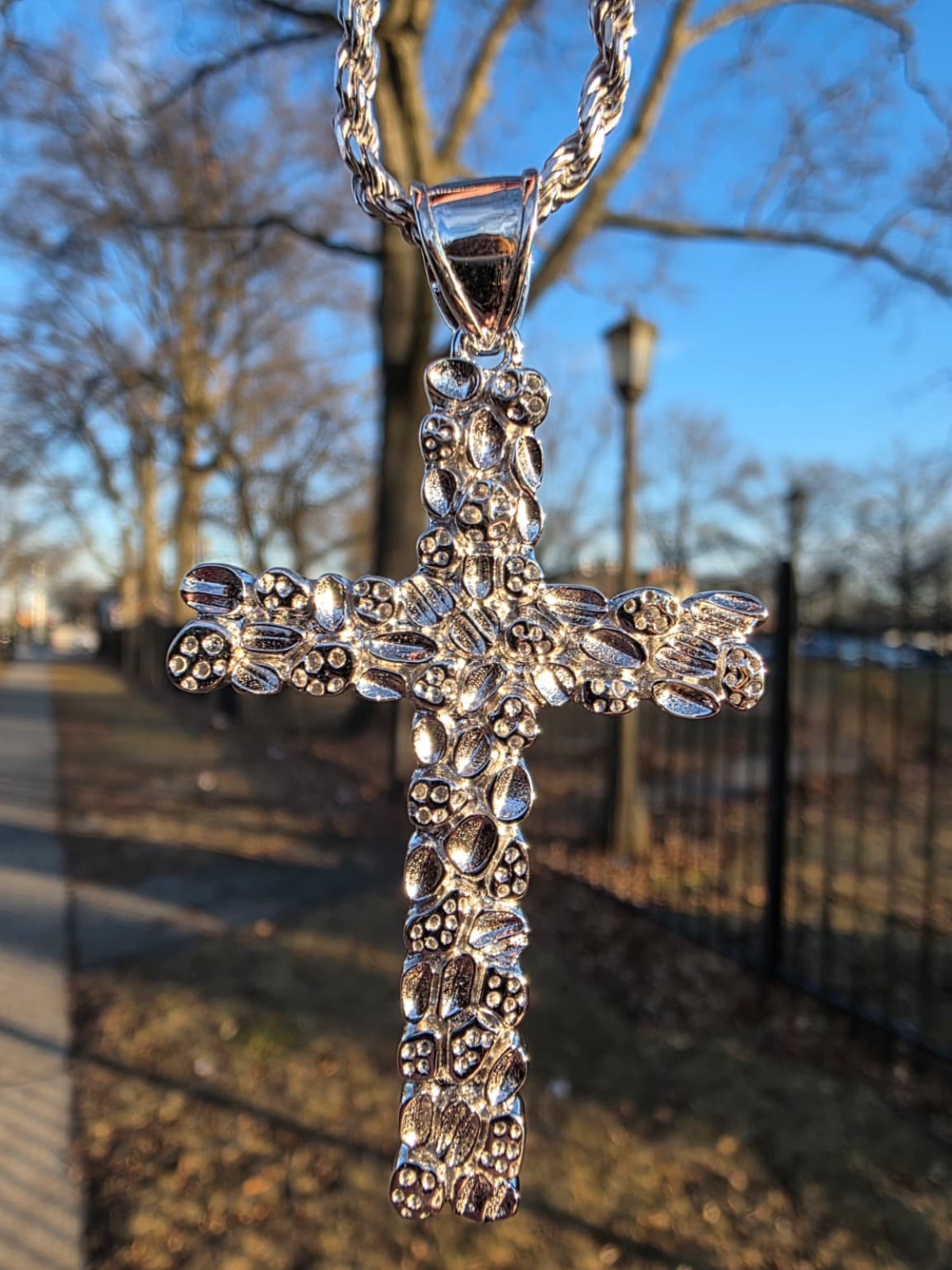 Men’s Large Nugget Cross Pendant 925 Sterling Silver Crucifix Necklace