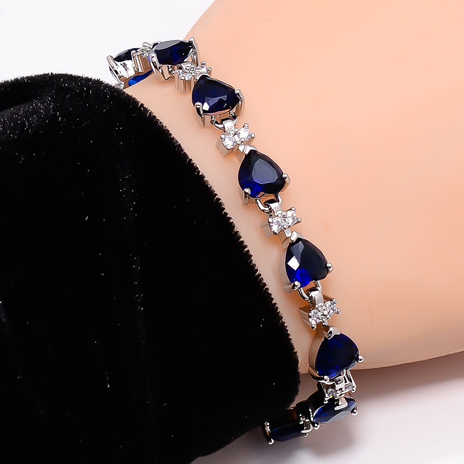 Blue Sapphire -Simulated, CZ 925 Sterling Silver Adjustable Bracelet 7-8″ B2755