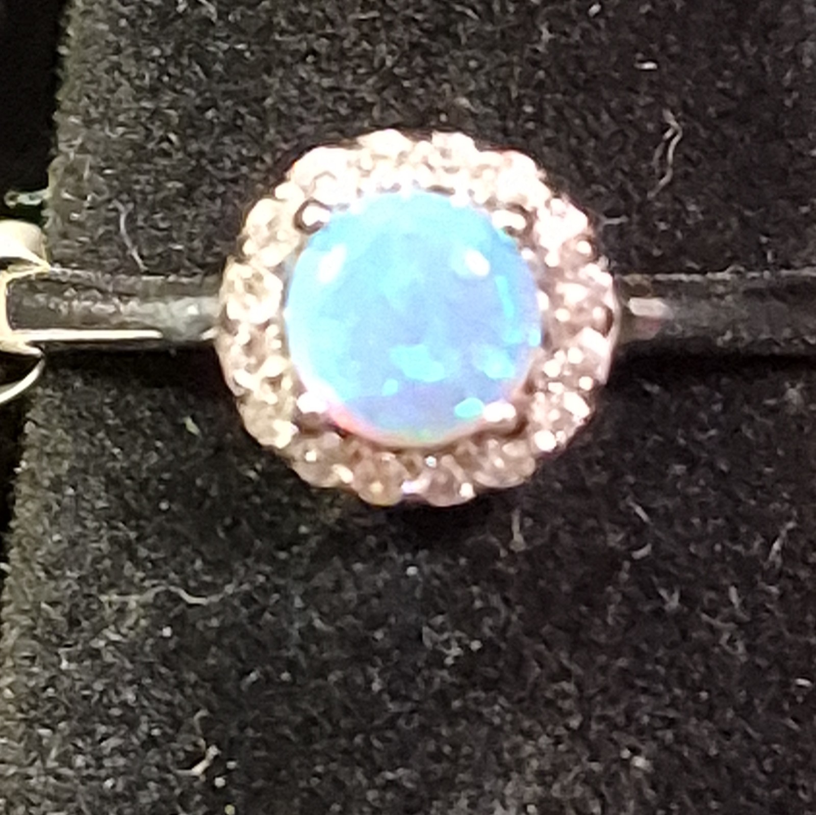 925 Stamped Sterling Silver Blue Round Opal W Halo CZ Cocktail Ring Size 7