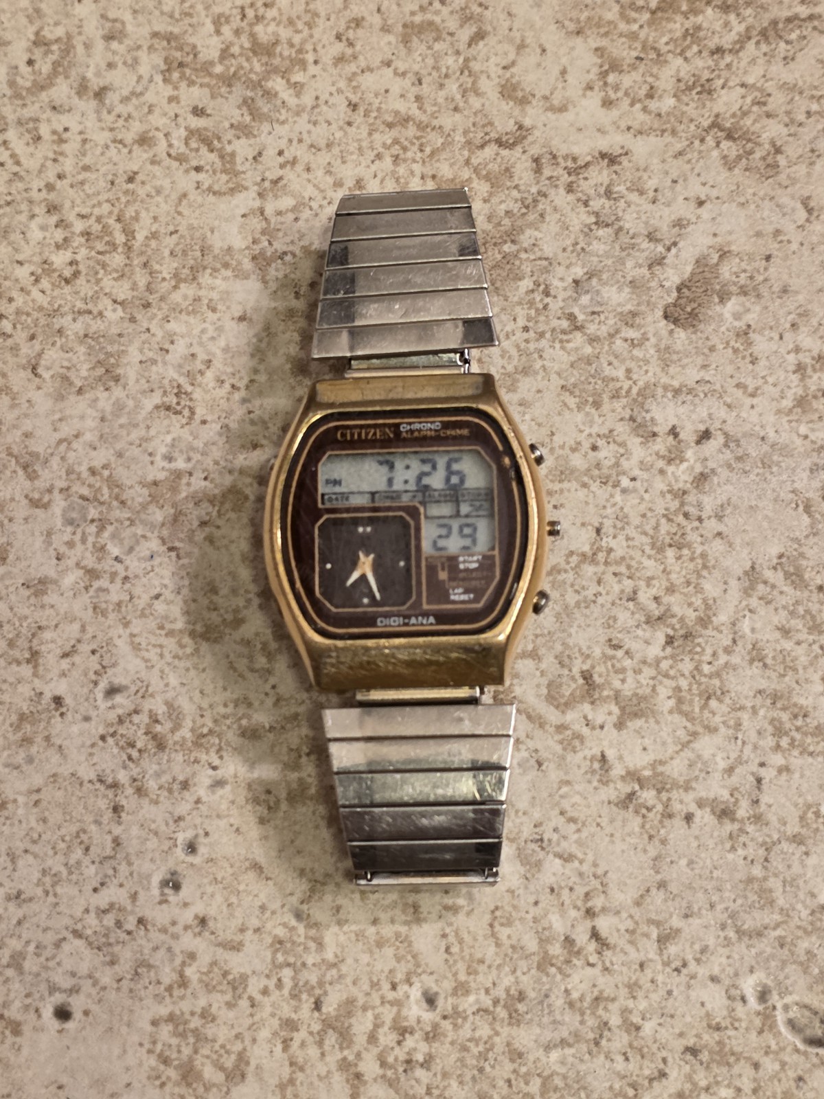 Citizen 41-9524 Gold/Brown Chrono Dual Time Digital Ana Watch * WORKING * READ