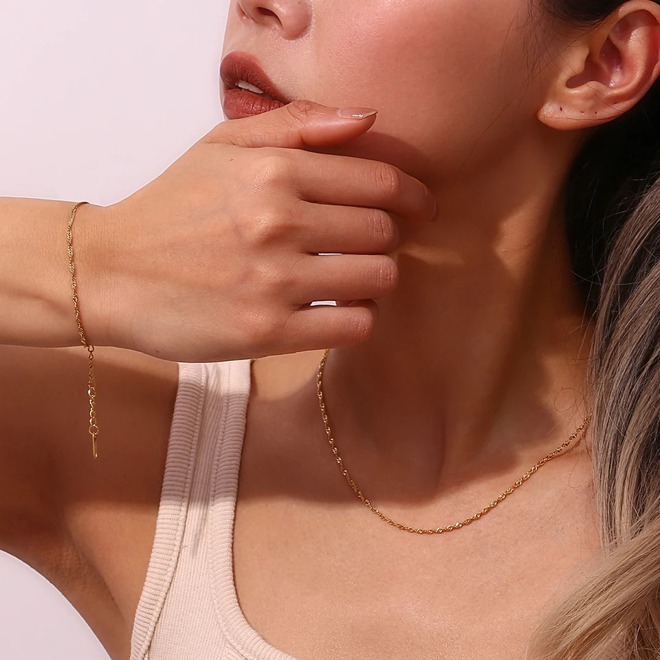 Gold Plated Bracelet Water Wave Stainless Steel Chain Polished Finish Jewelry