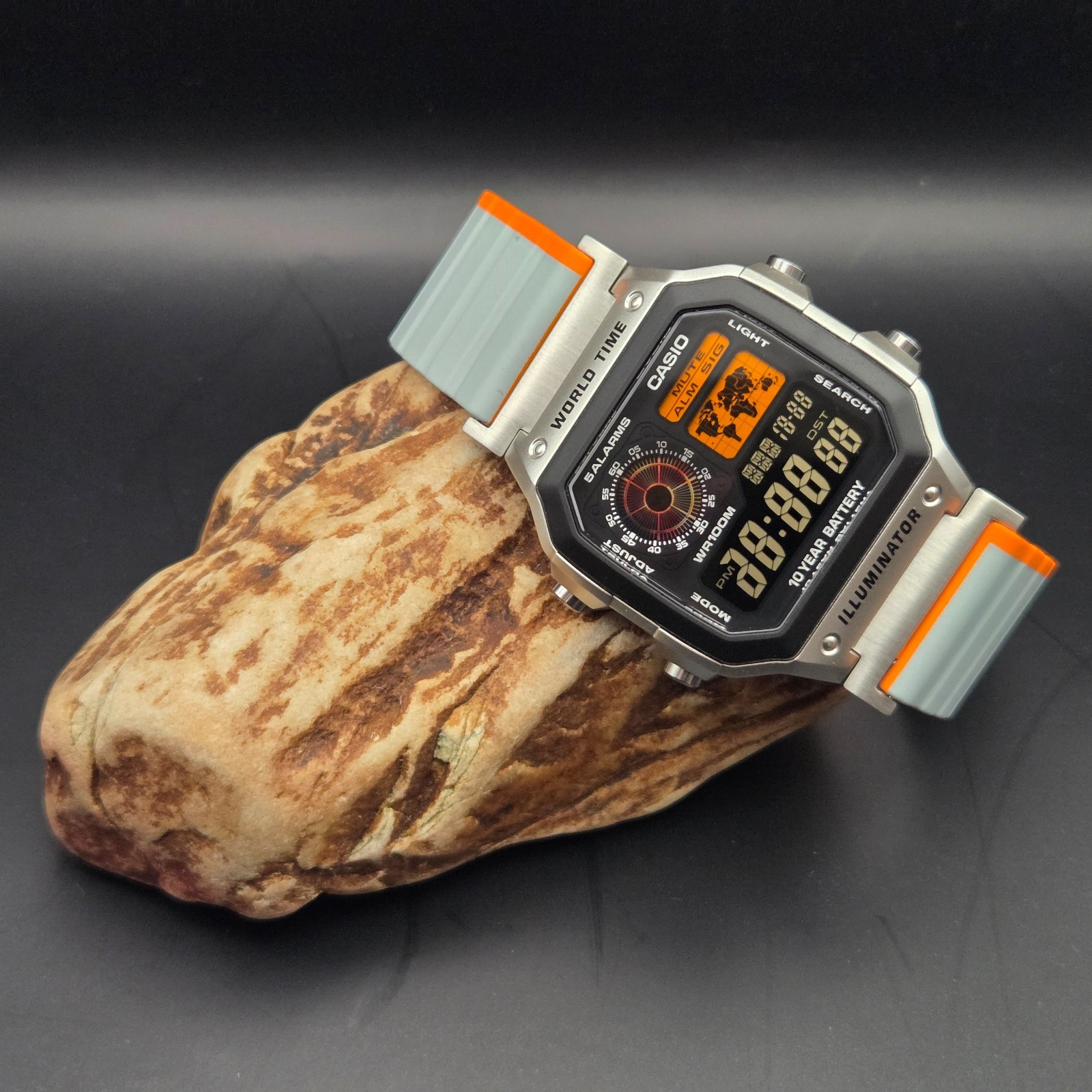 CASIO AE-1200WHD. Royale World Time Watch Mod. Blood moon, Orange, Hydromod.